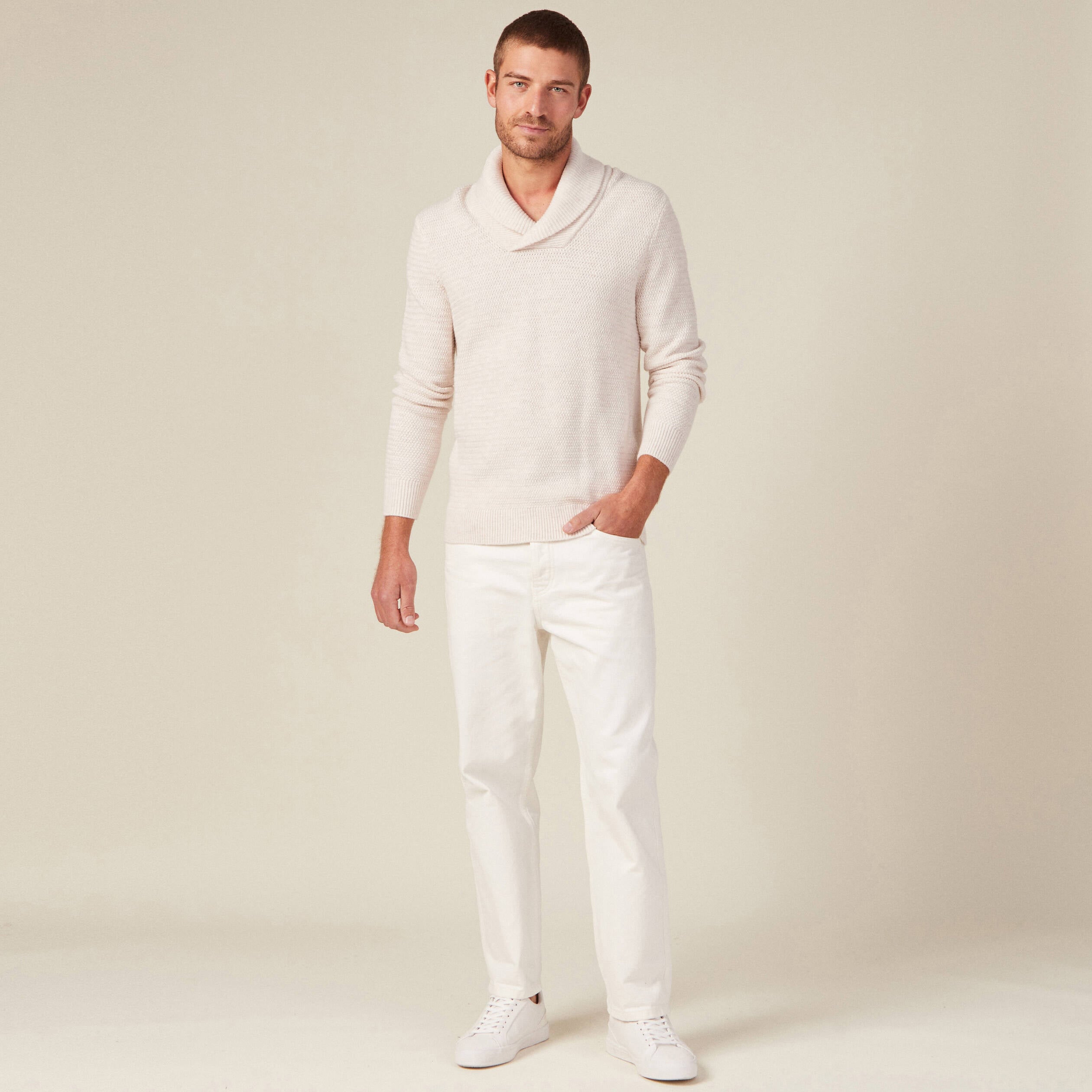 Pull manches longues col ch&acirc;le ecru homme