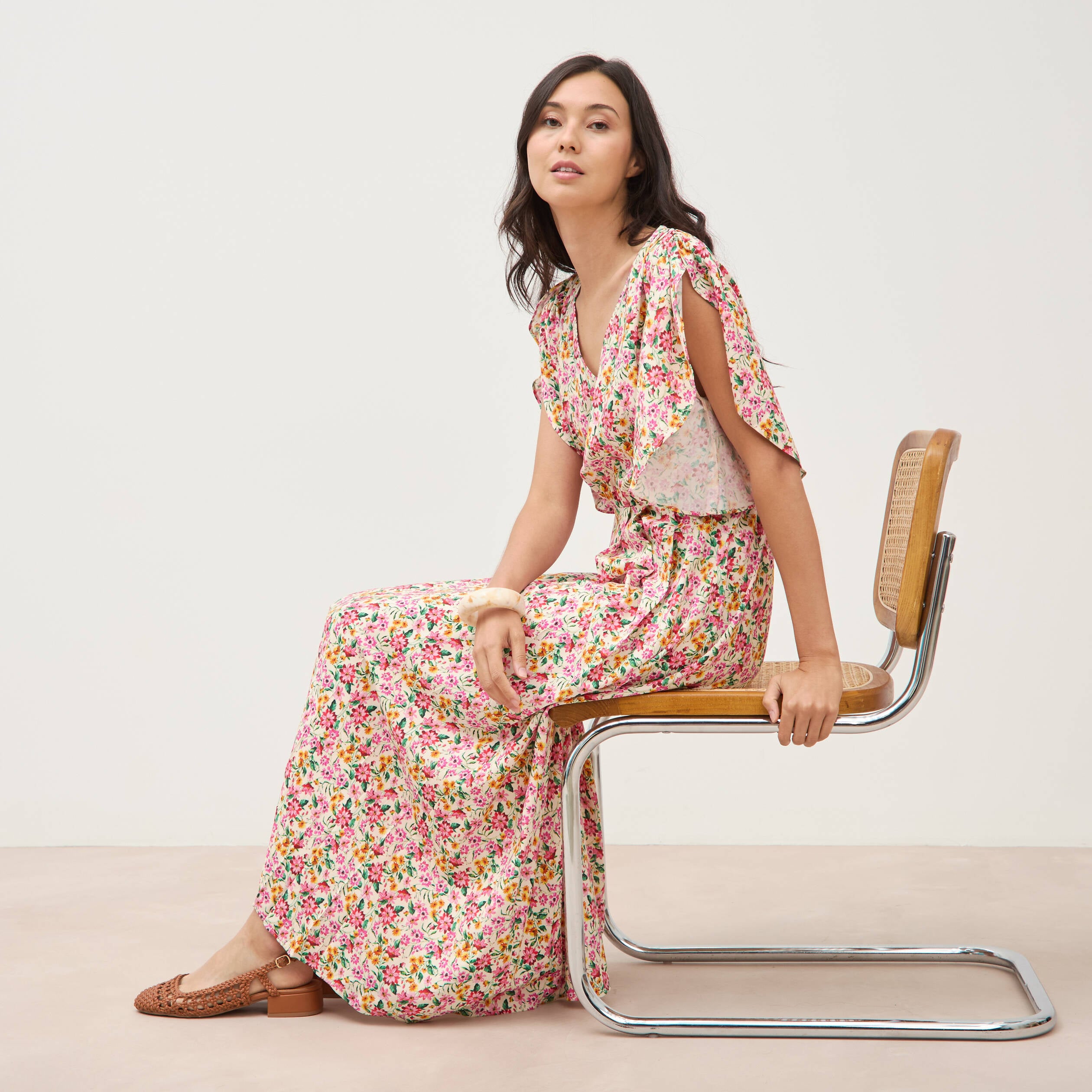 Robe fluide col v manches courtes multicolore femme