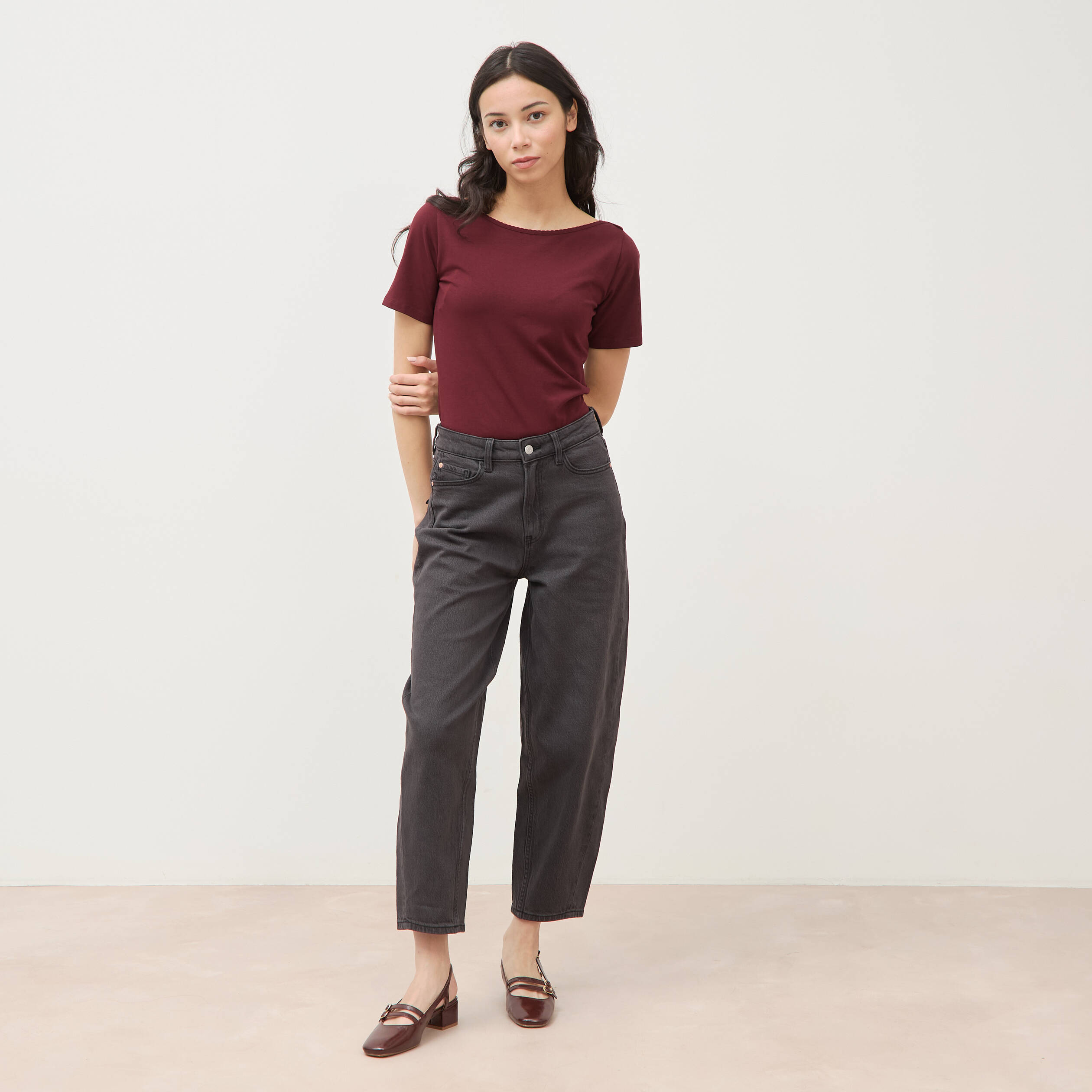 Jeans barrel taille haute 7/8&egrave;me denim gris femme