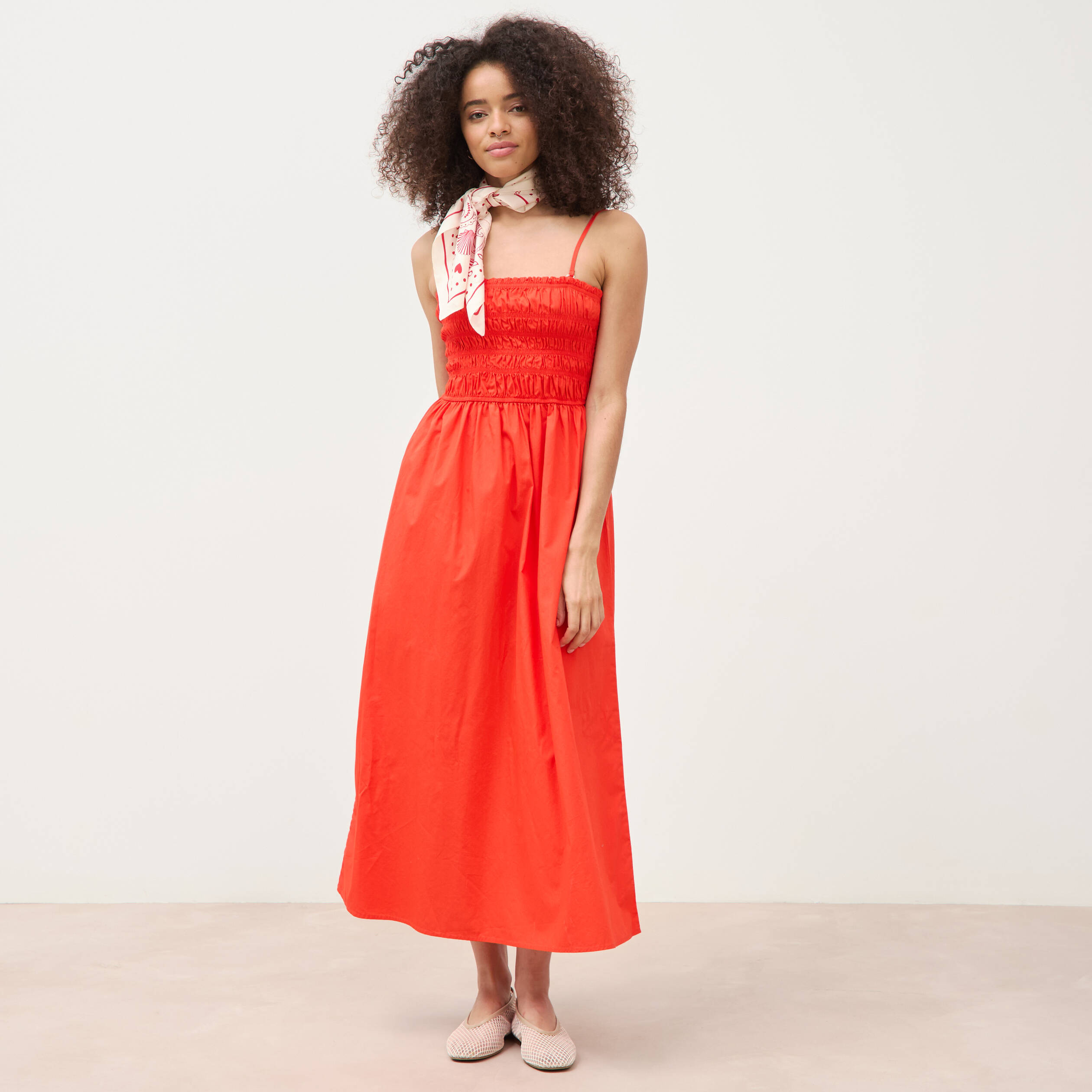 Robe bretelles col carr&eacute; en coton orange fonc&eacute; femme