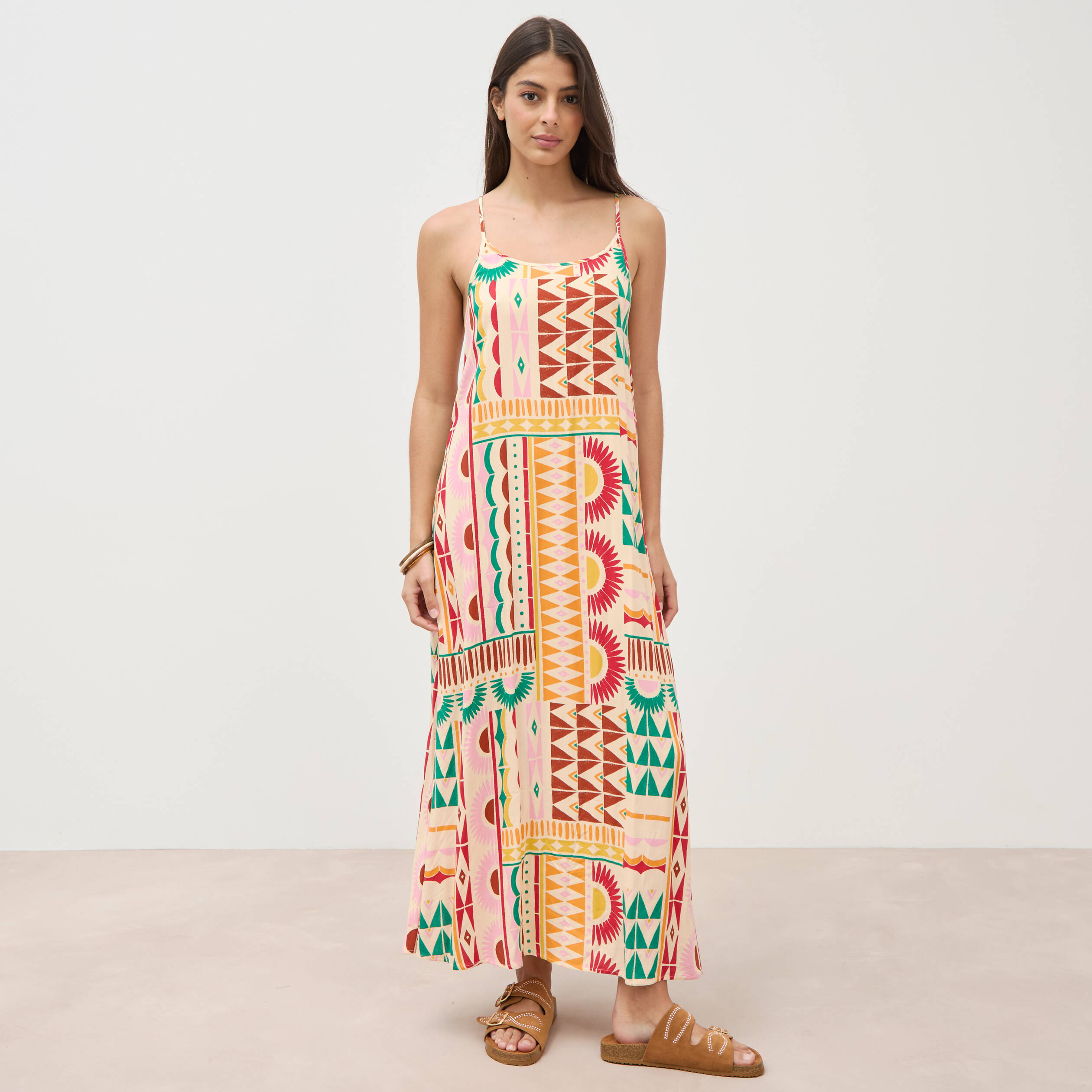 Robe longue fines bretelles col rond multicolore femme