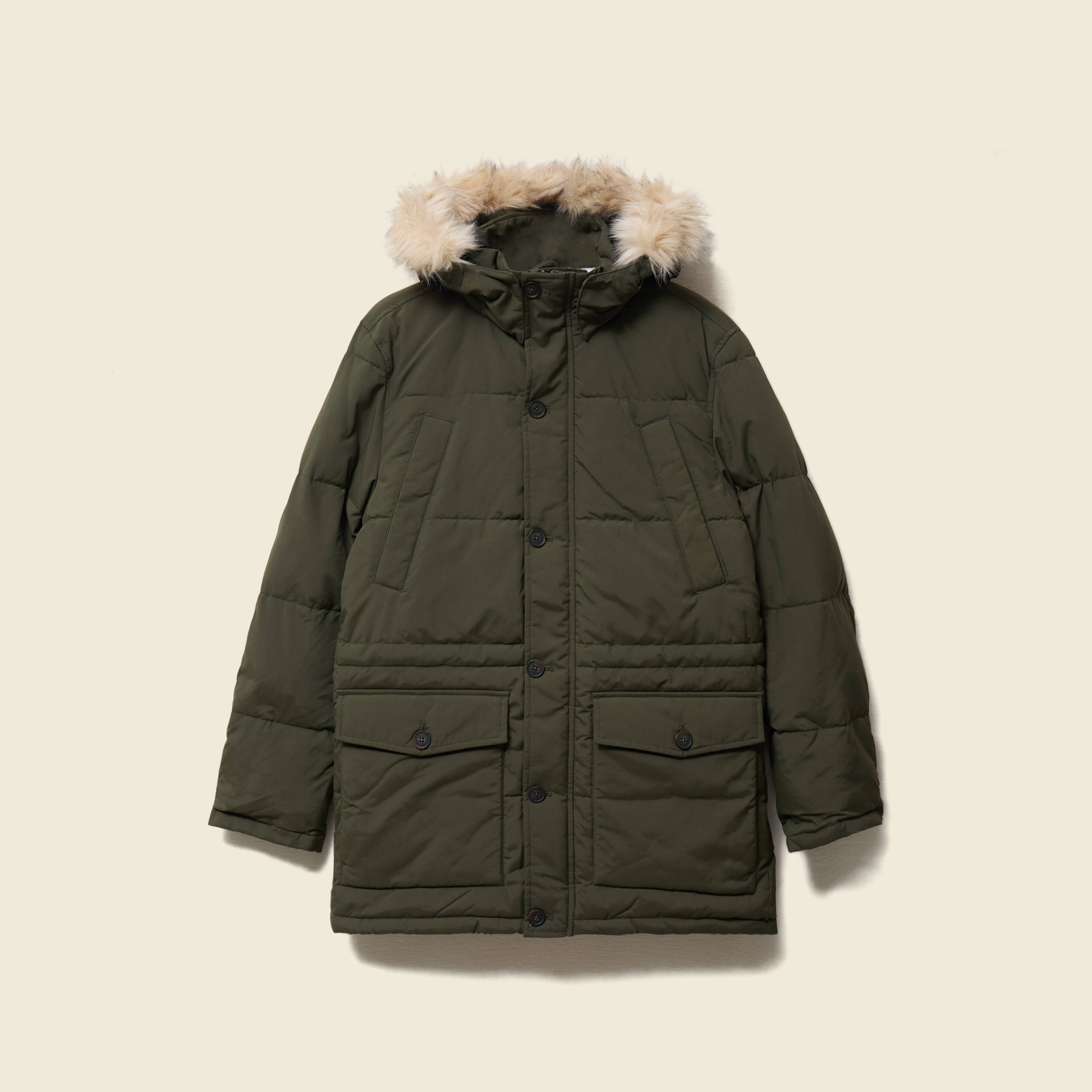 Parka longue droite &agrave; capuche vert kaki homme