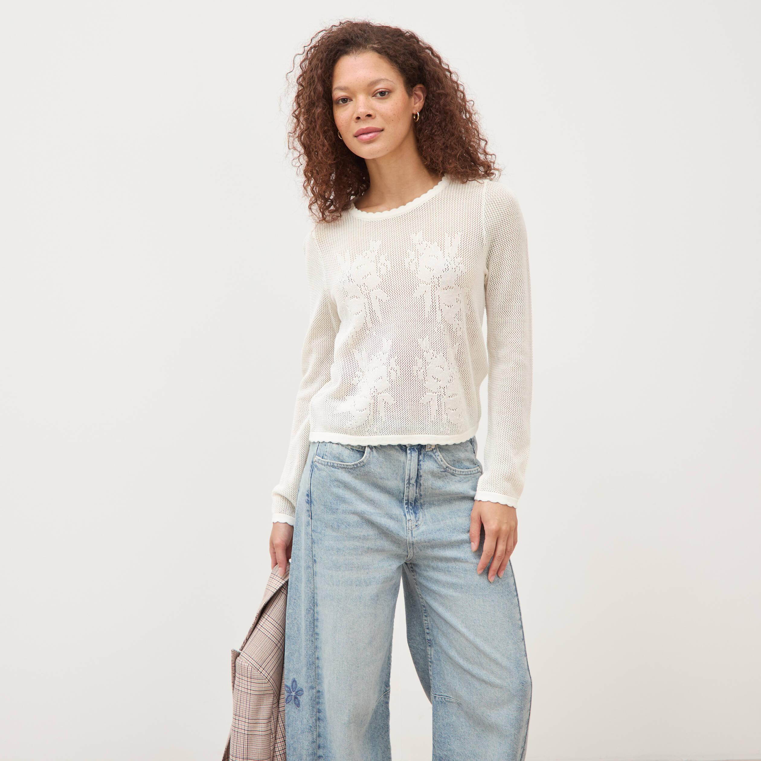 Pull ajour&eacute; col rond manches longues ecru femme