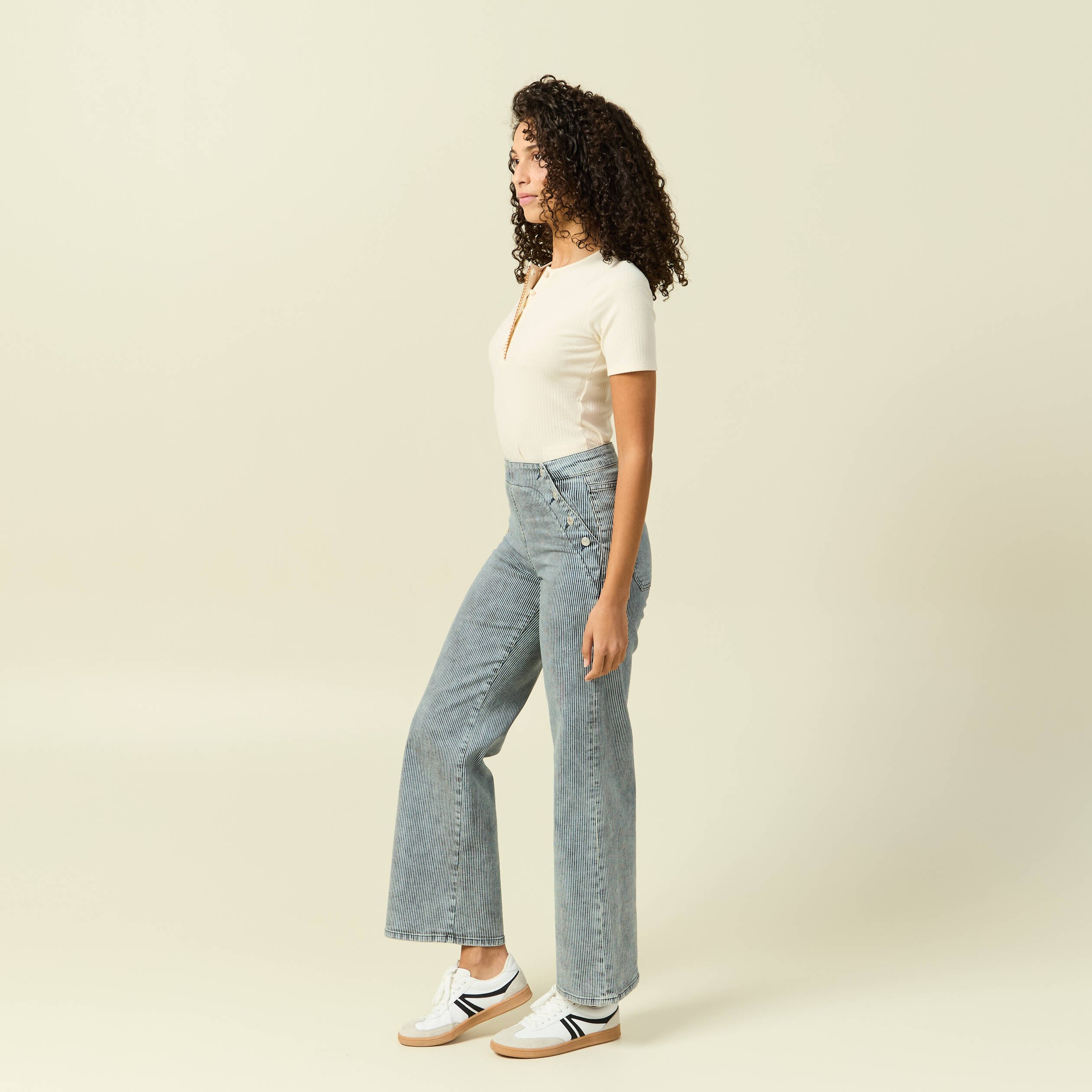 Pantalon large à pont taille haute denim used femme Vibs