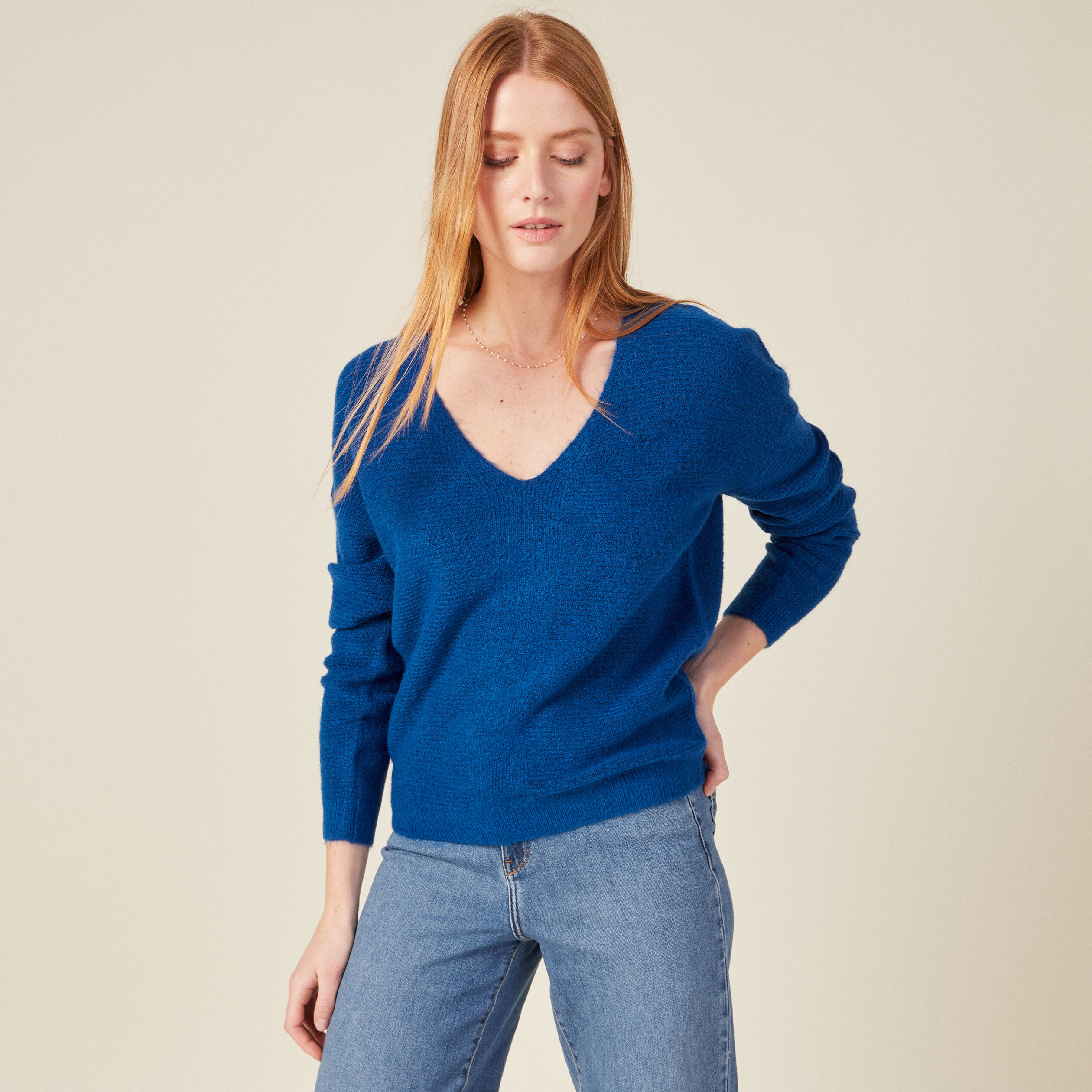 Pull manches longues bleu electrique femme