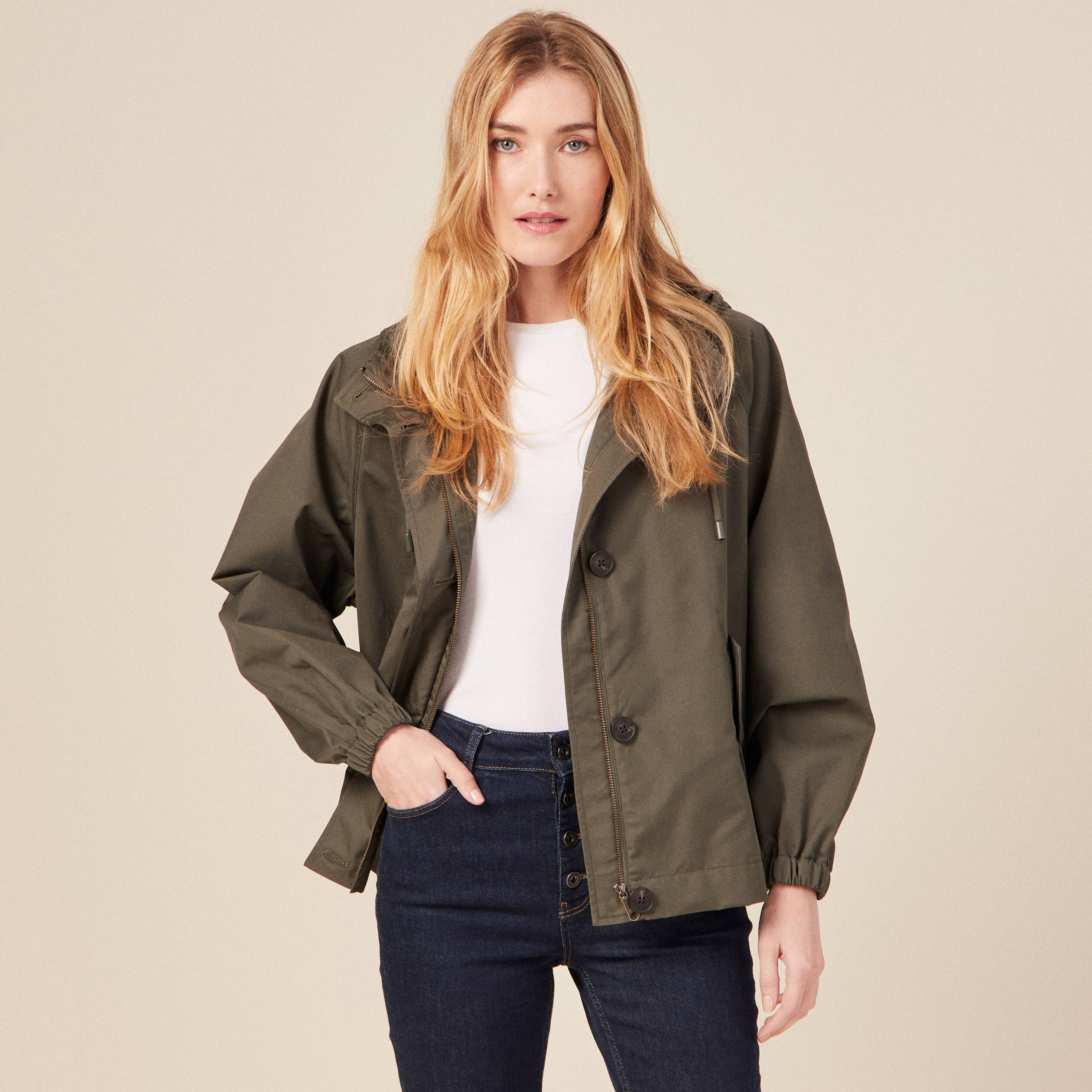 Parka oversize d&eacute;perlante &agrave; capuche vert kaki femme