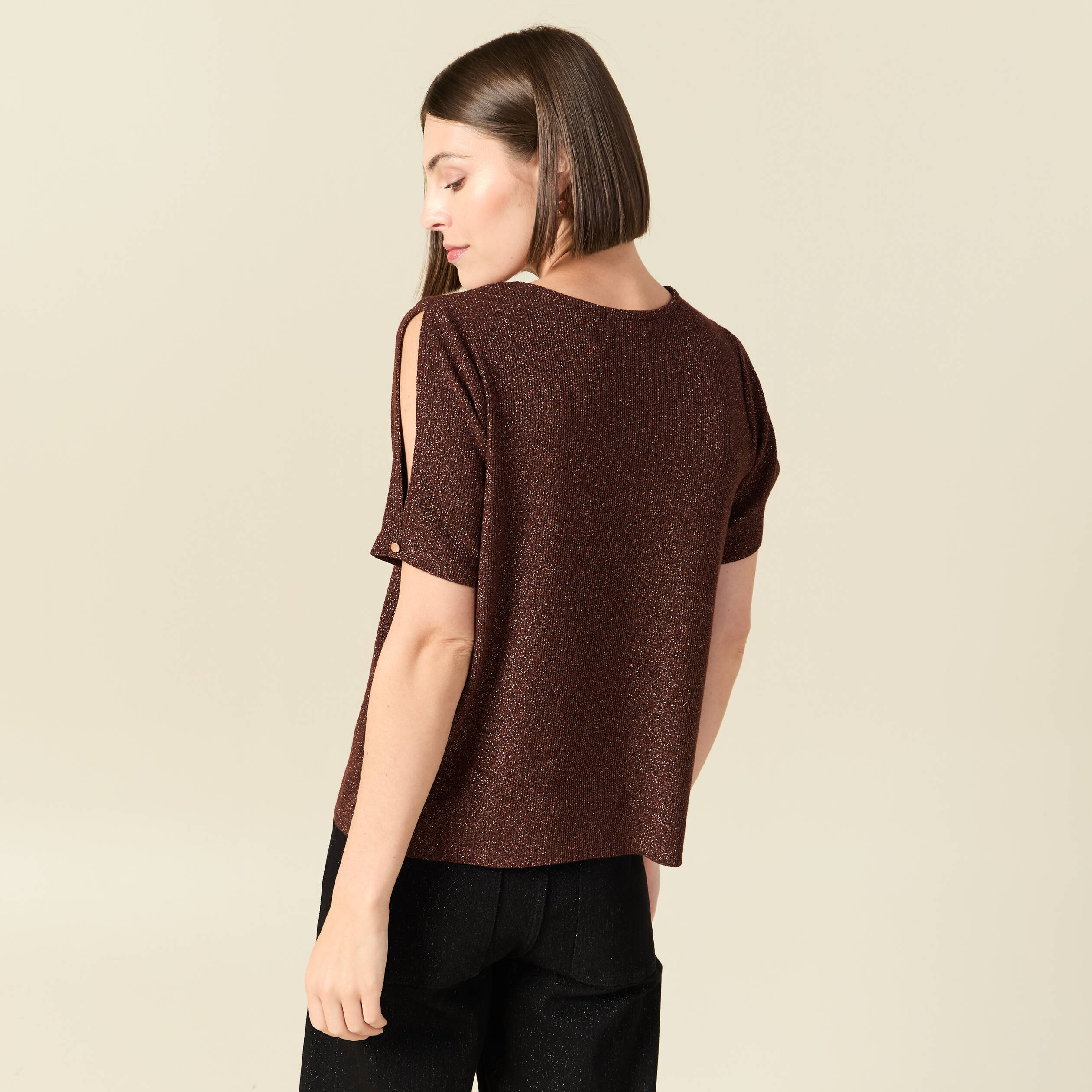 T-shirt manches courtes brillant marron femme