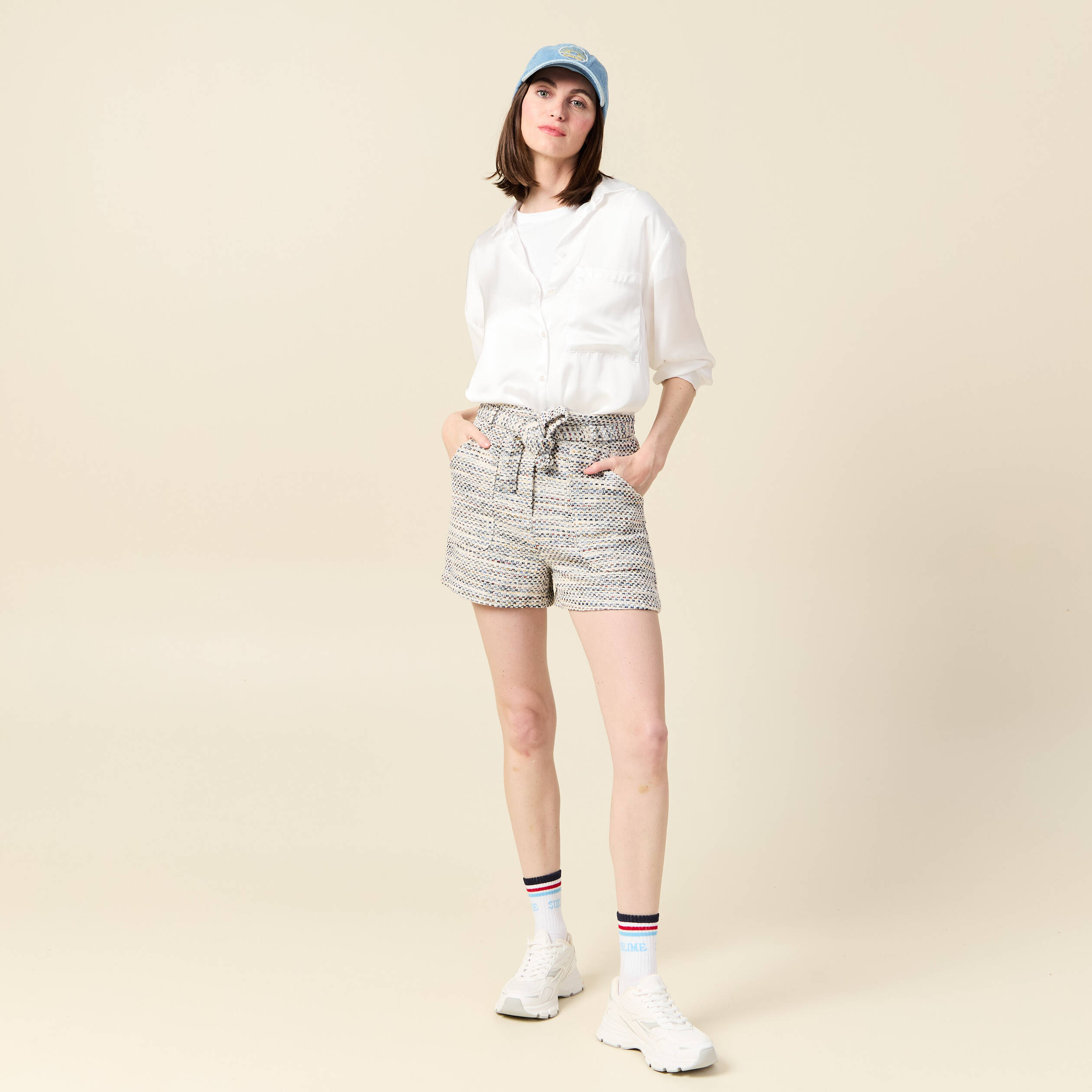 short ajuste taille haute creme femme Short ajusté taille haute creme femme