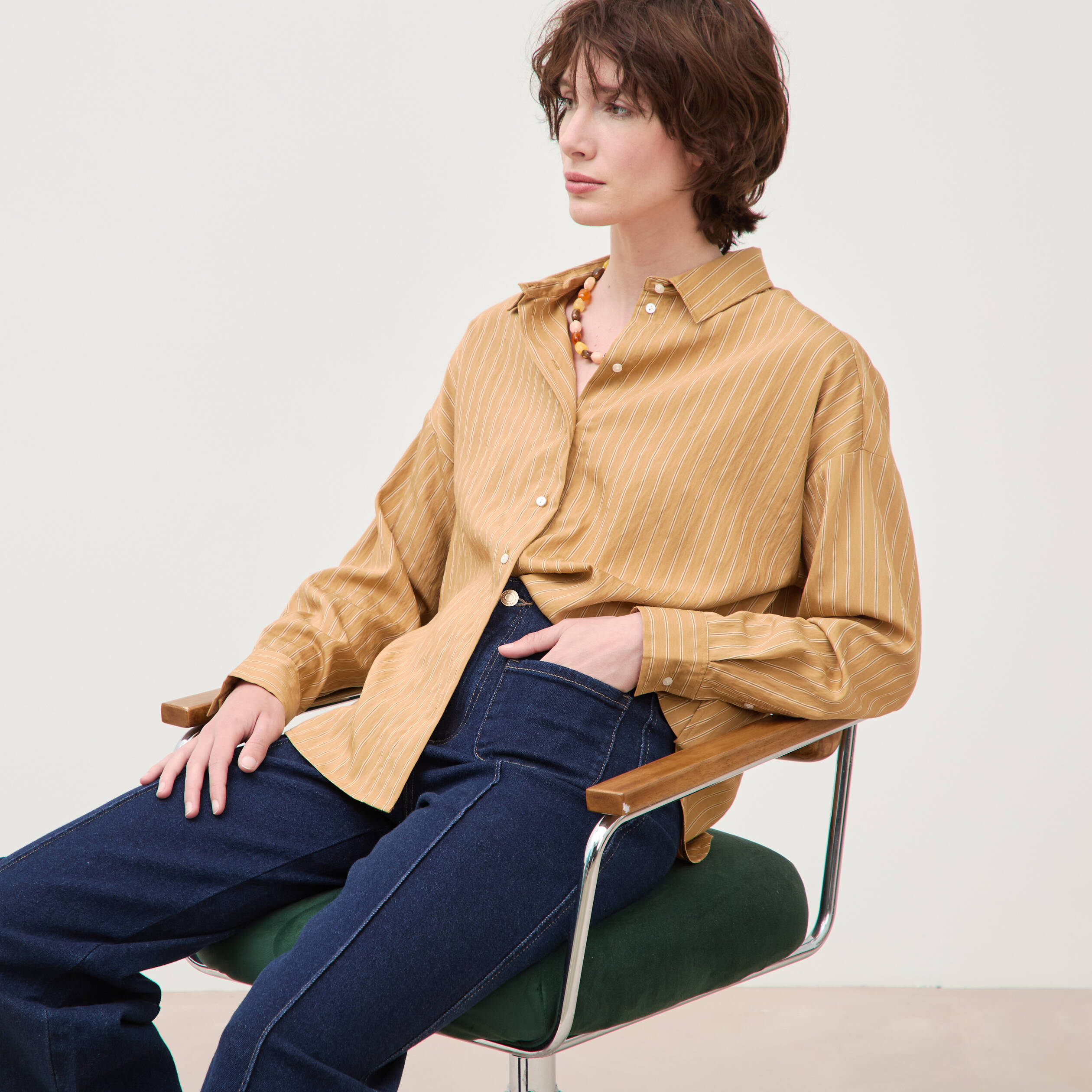 Chemise manches longues fluide camel femme