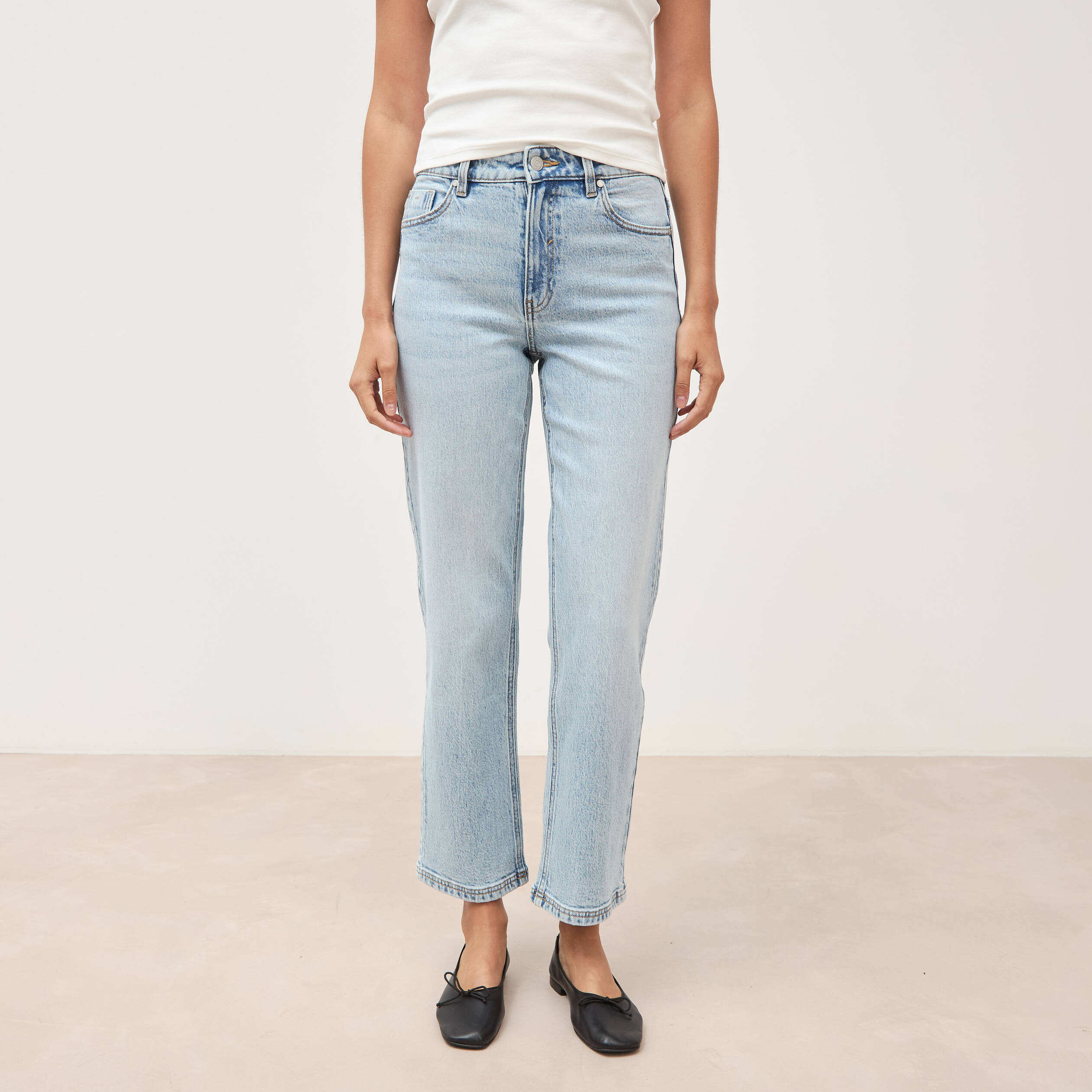Jeans straight 7/8&egrave;me taille haute denim bleach femme