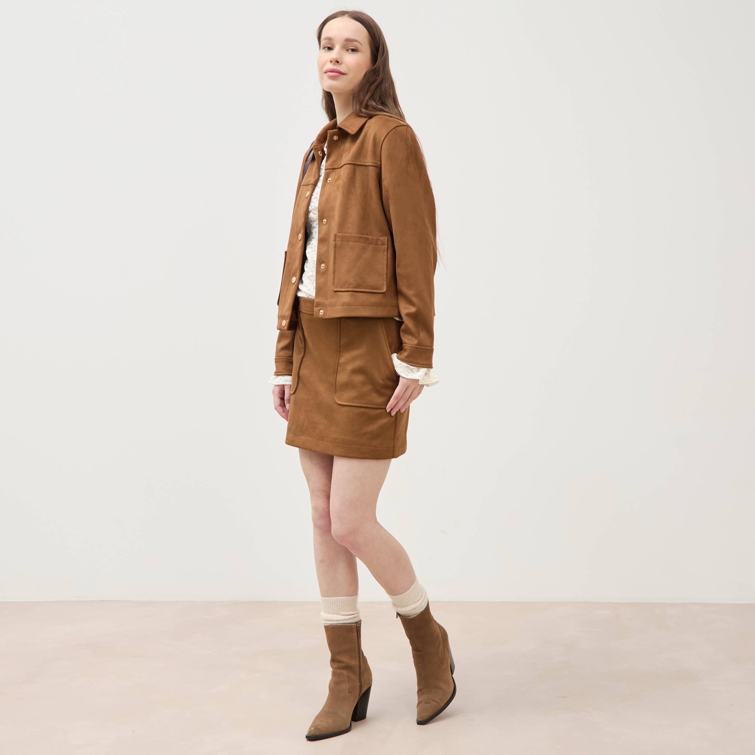 Mini-jupe doubl&eacute;e marron femme