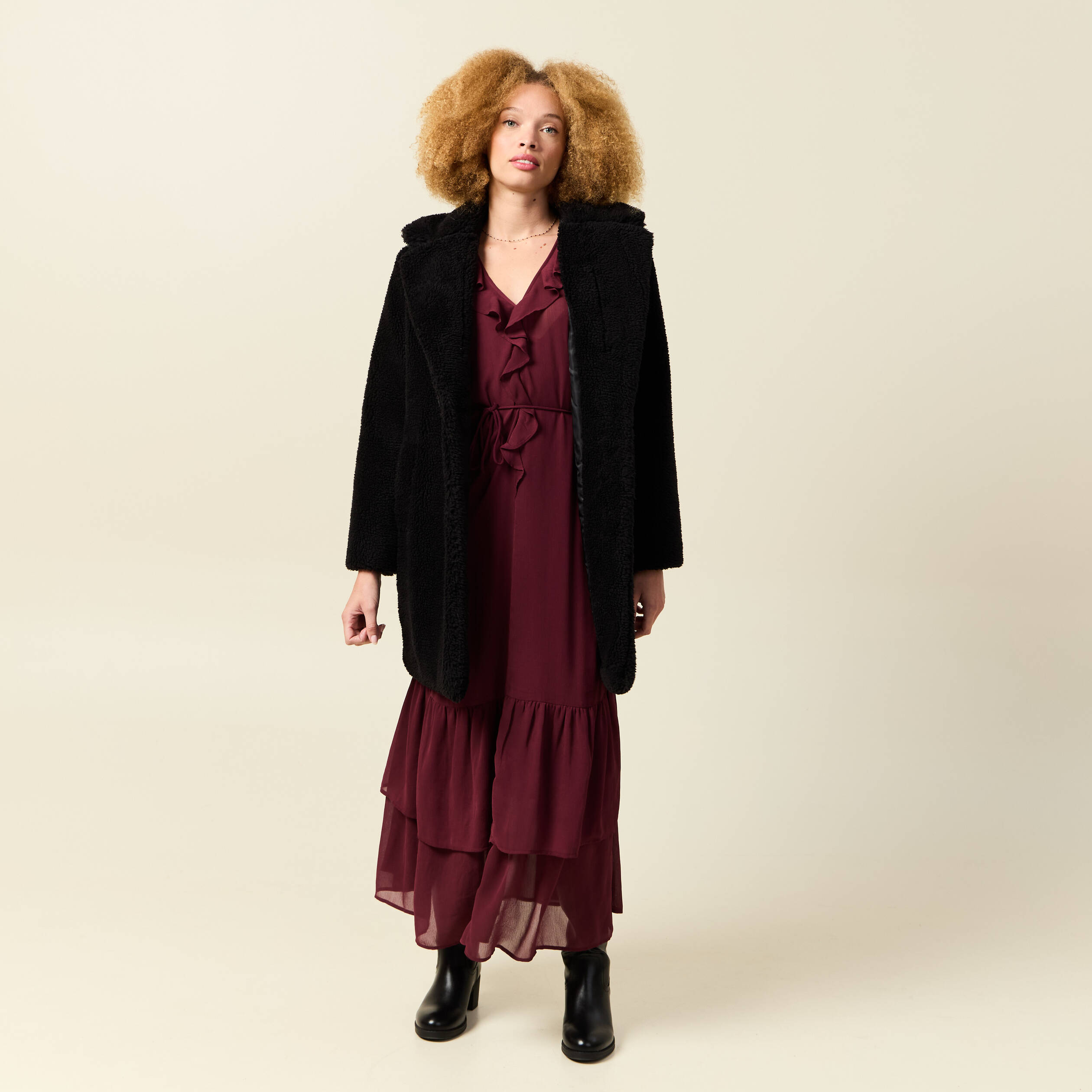 Robe manches 3/4 doubl&eacute;e bordeaux femme