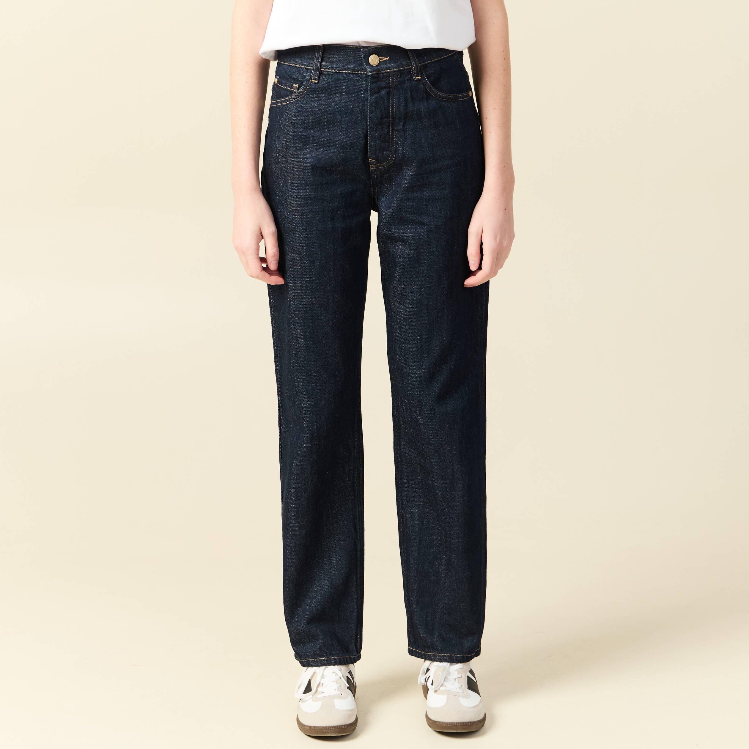 Jeans straight taille haute denim brut rinse femme