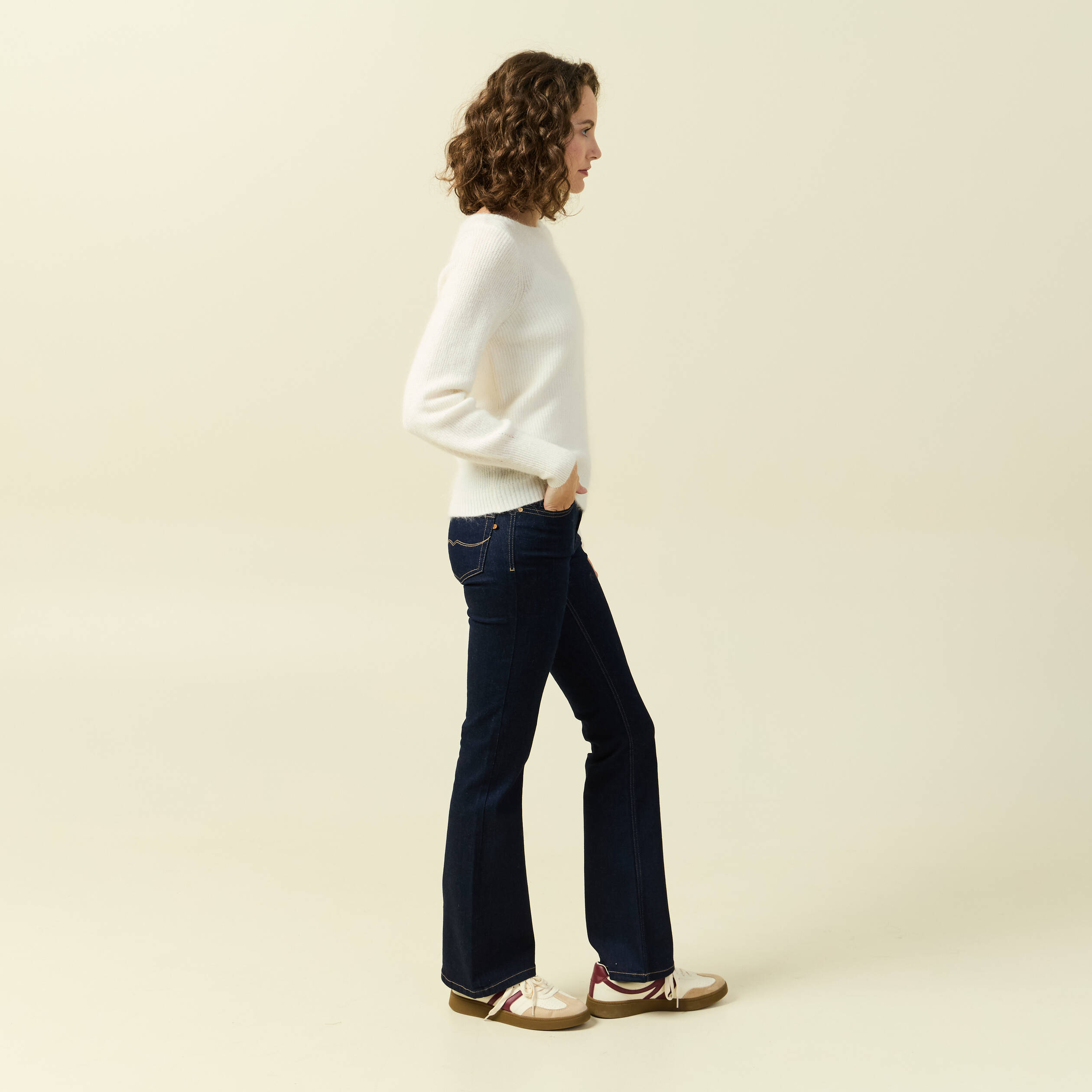 Pull col bateau manches longues ecru femme