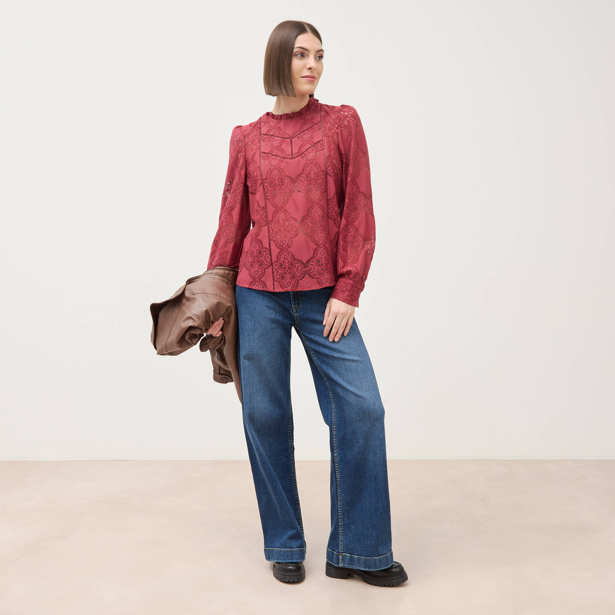 Jeans large taille haute denim stone femme
