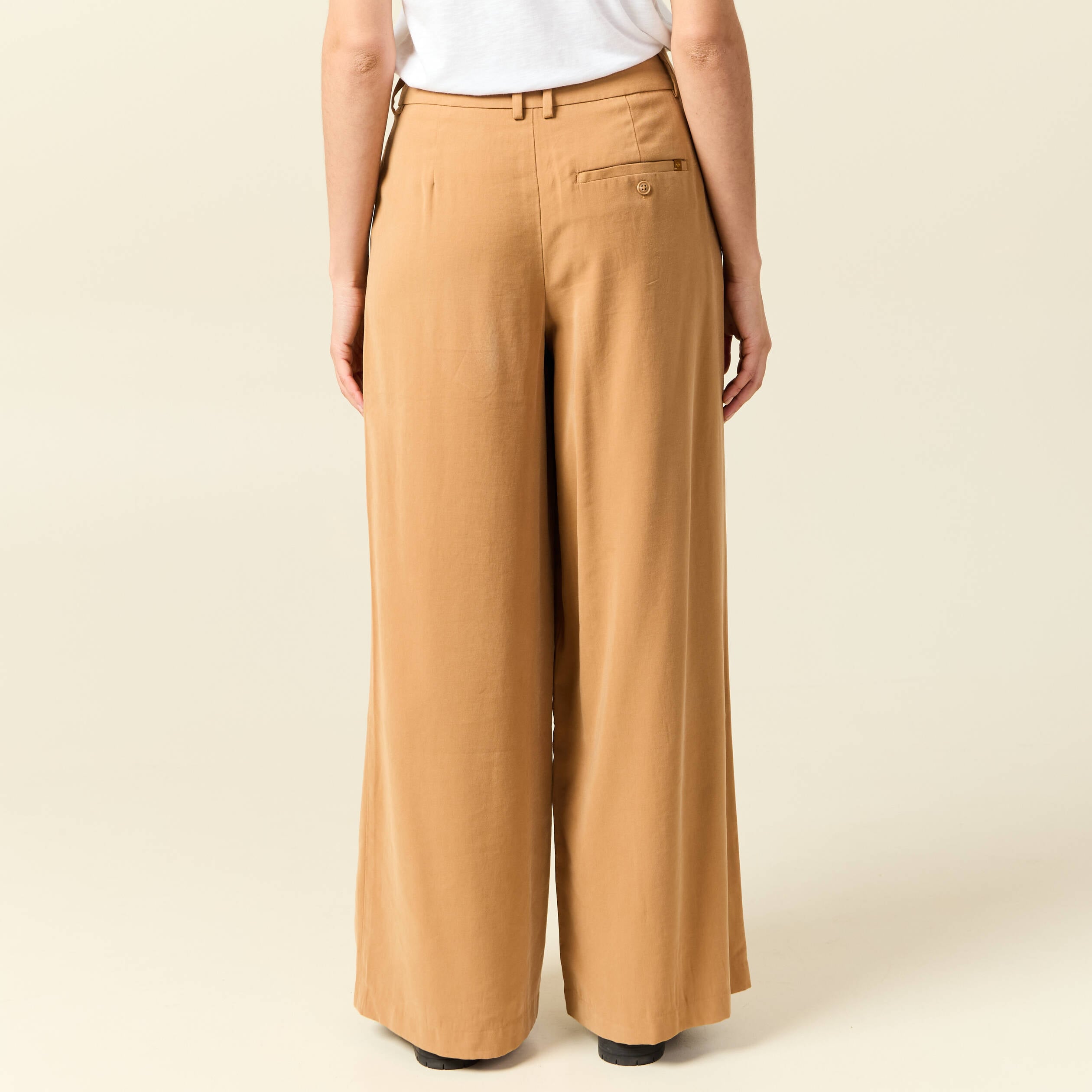 Pantalon large taille haute marron clair femme