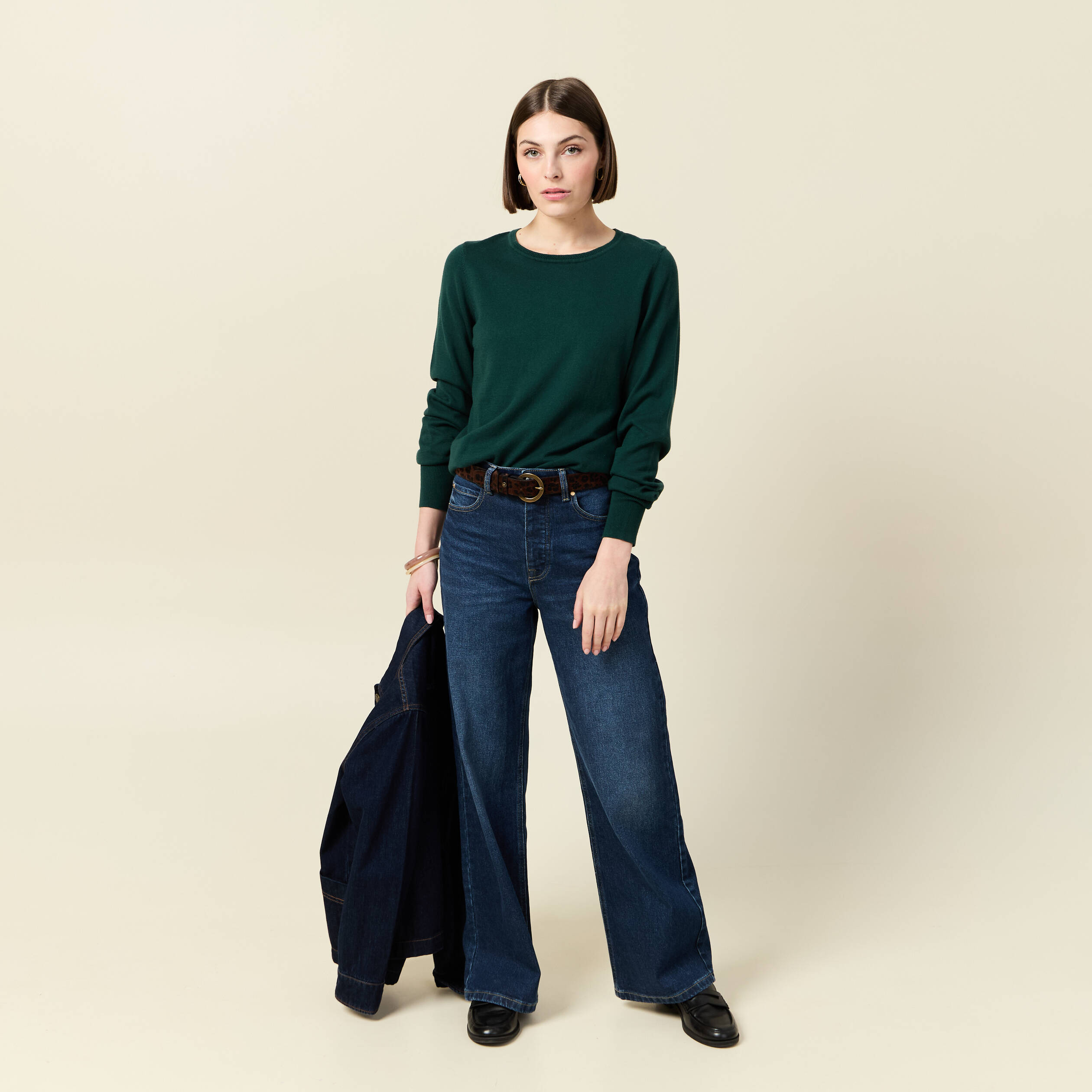 Pull manches longues vert fonc&eacute; femme