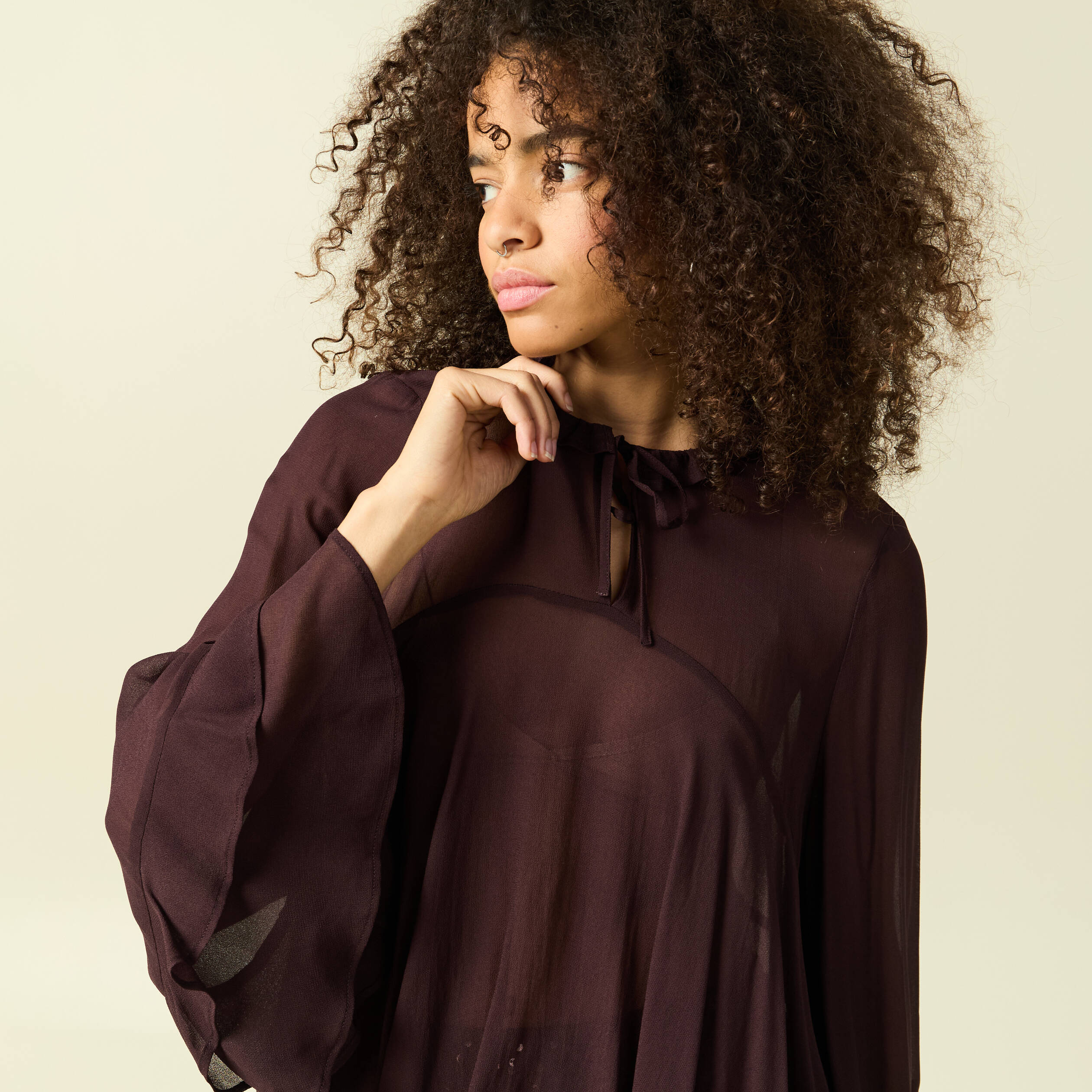Blouse manches longues col ras de cou marron fonc&eacute; femme