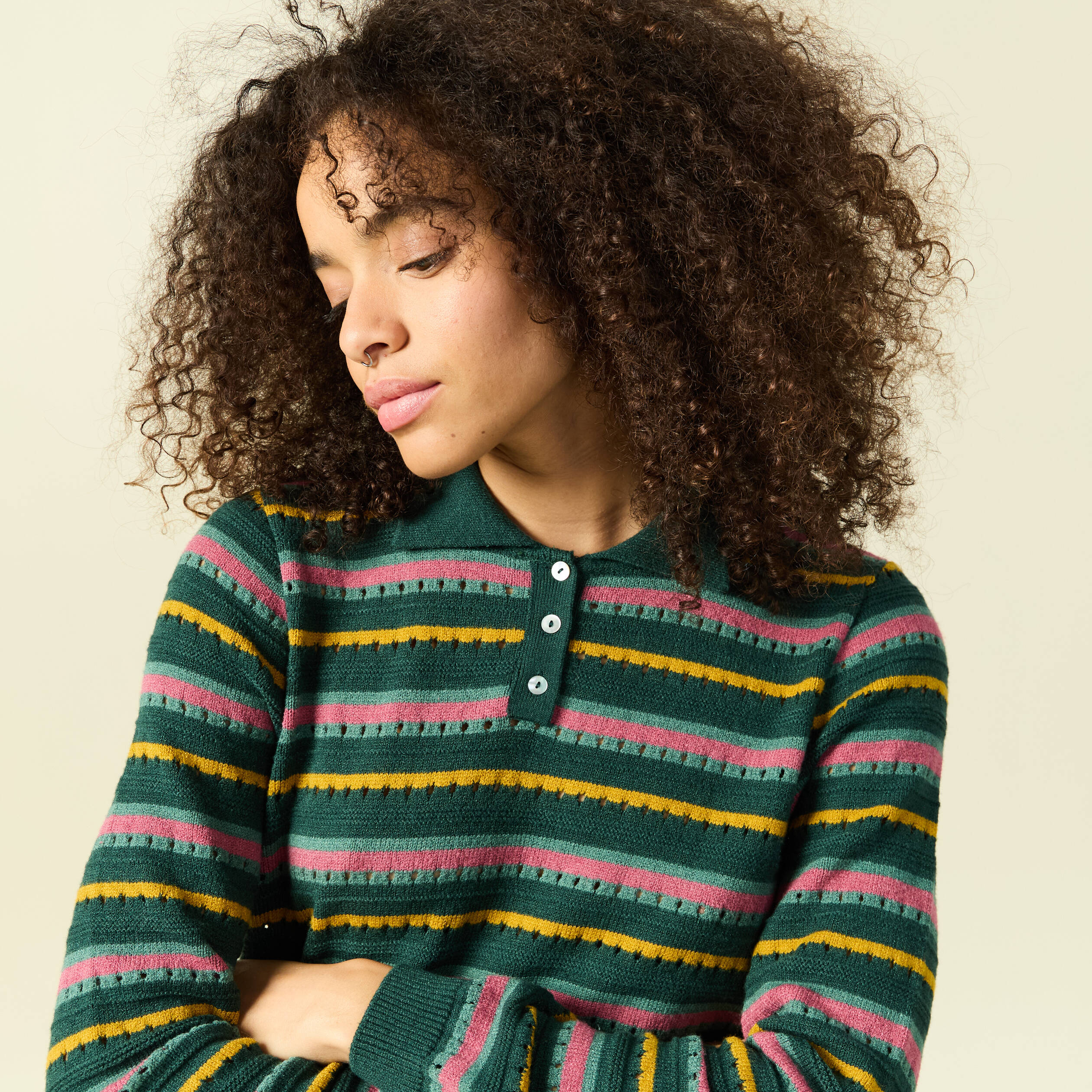 Pull col polo manches longues vert fonc&eacute; femme
