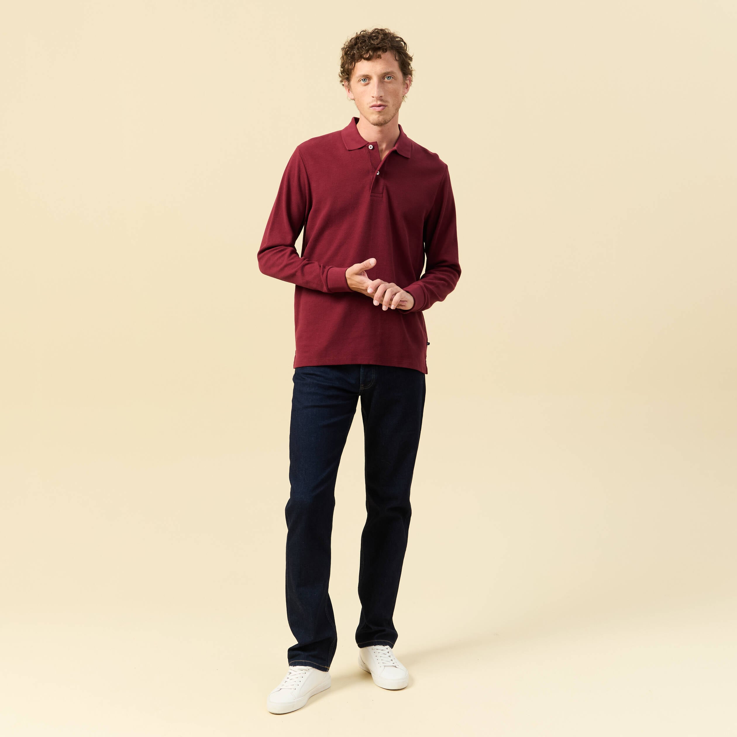 Polo manches longues en coton bordeaux homme