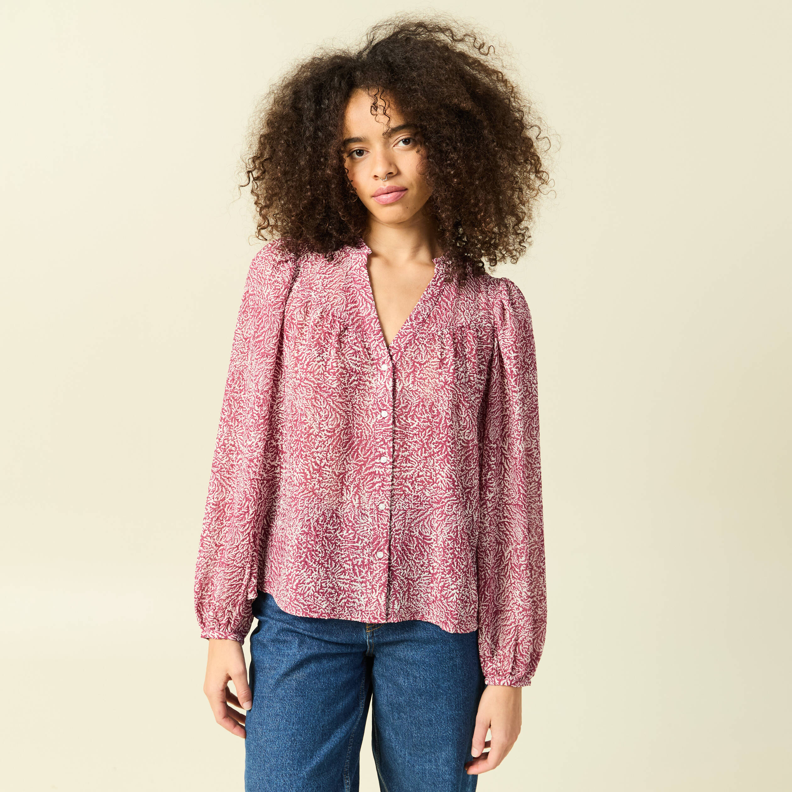 Blouse manches longues col V rose femme