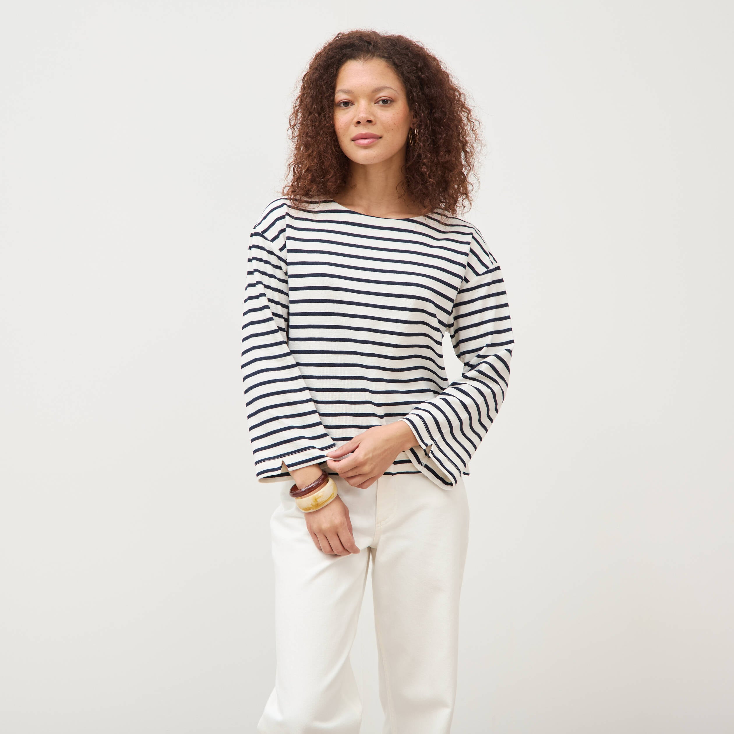 Pull droit manches longues broderie ecru femme