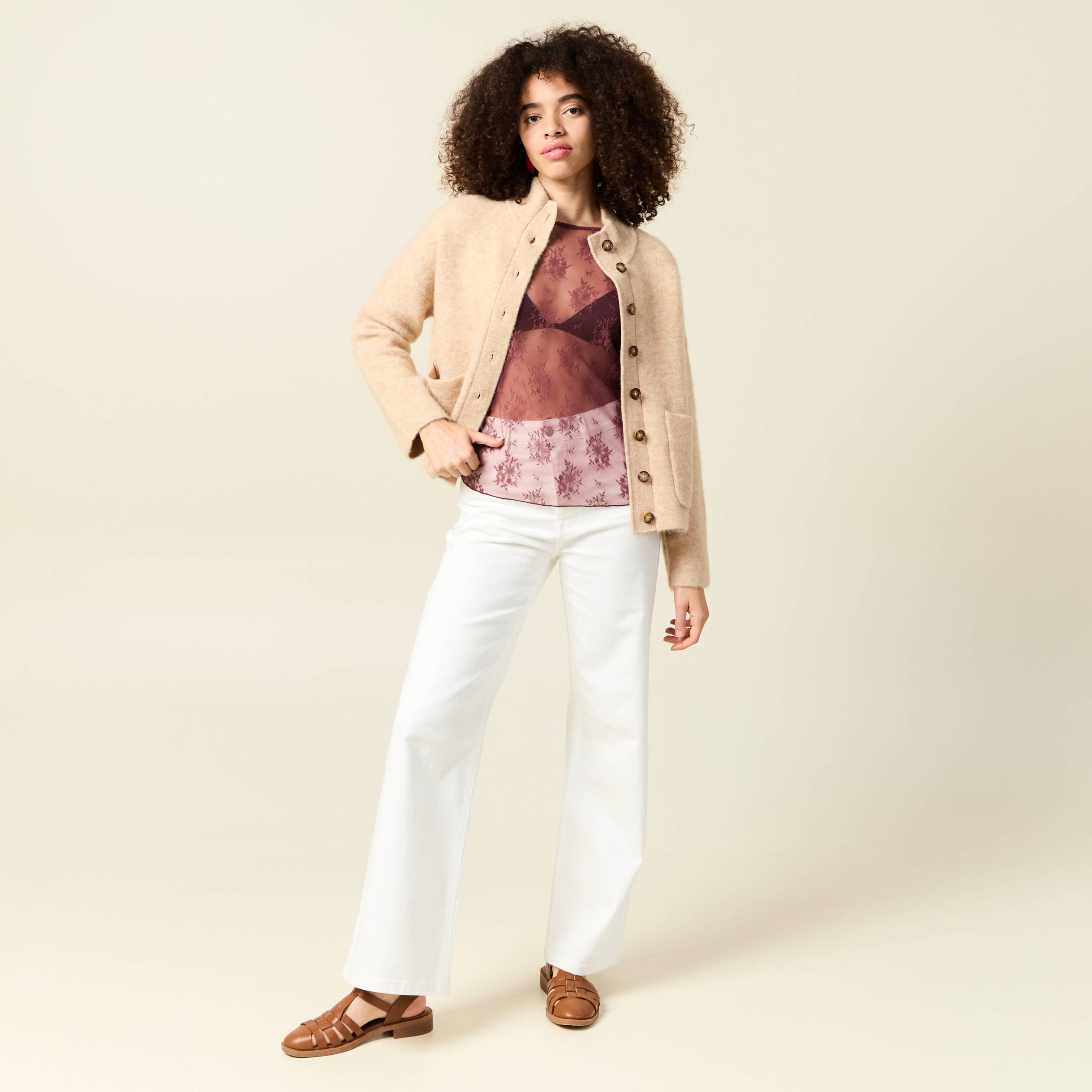 Veste manches longues col V creme femme