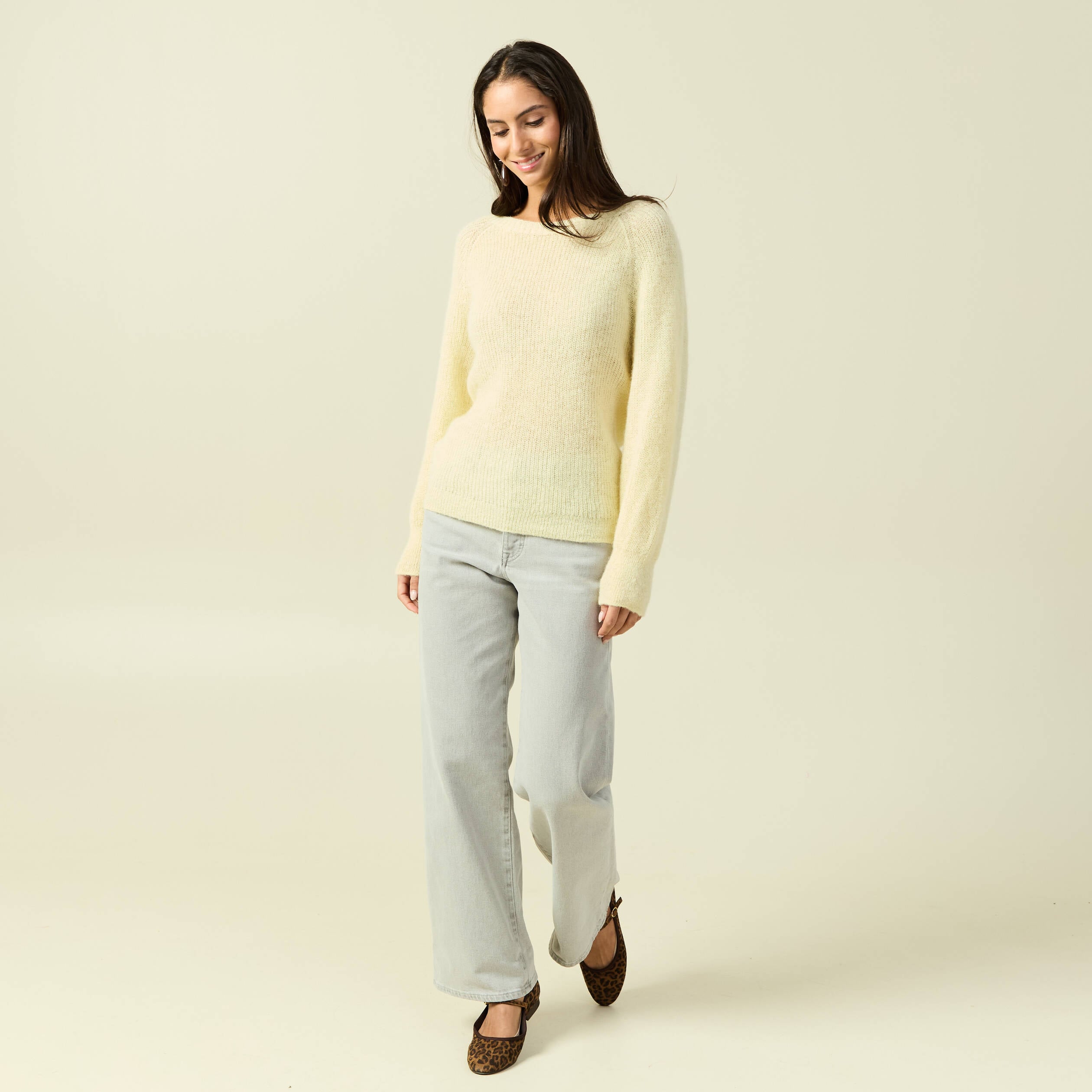 Pull manches longues col rond jaune femme