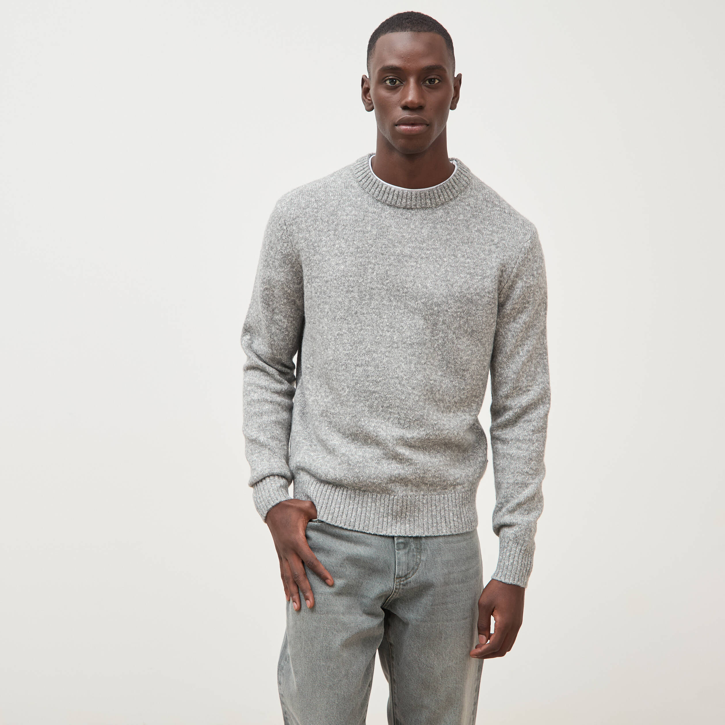 Pull droit tweed manches longues gris homme