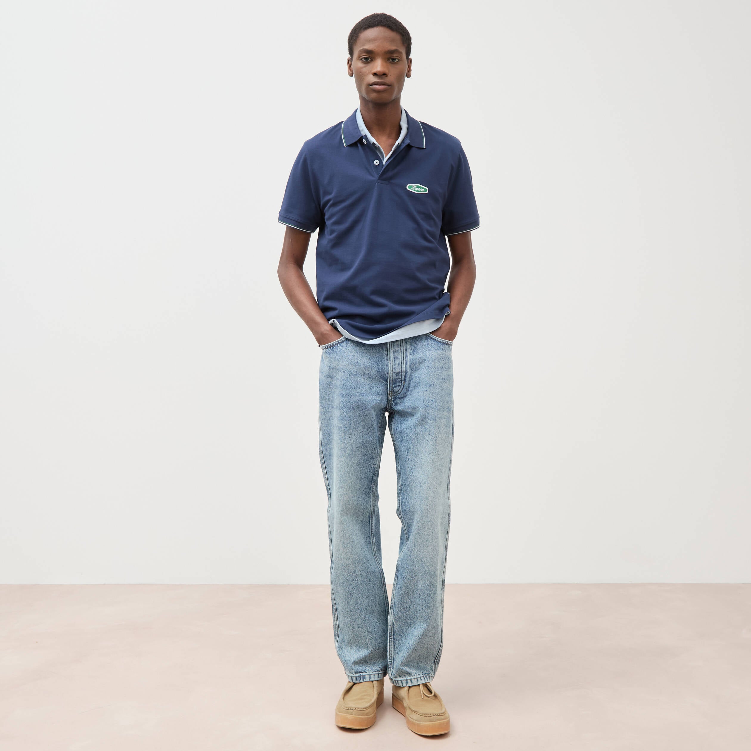 Polo cintr&eacute; en coton manches courtes bleu marine homme