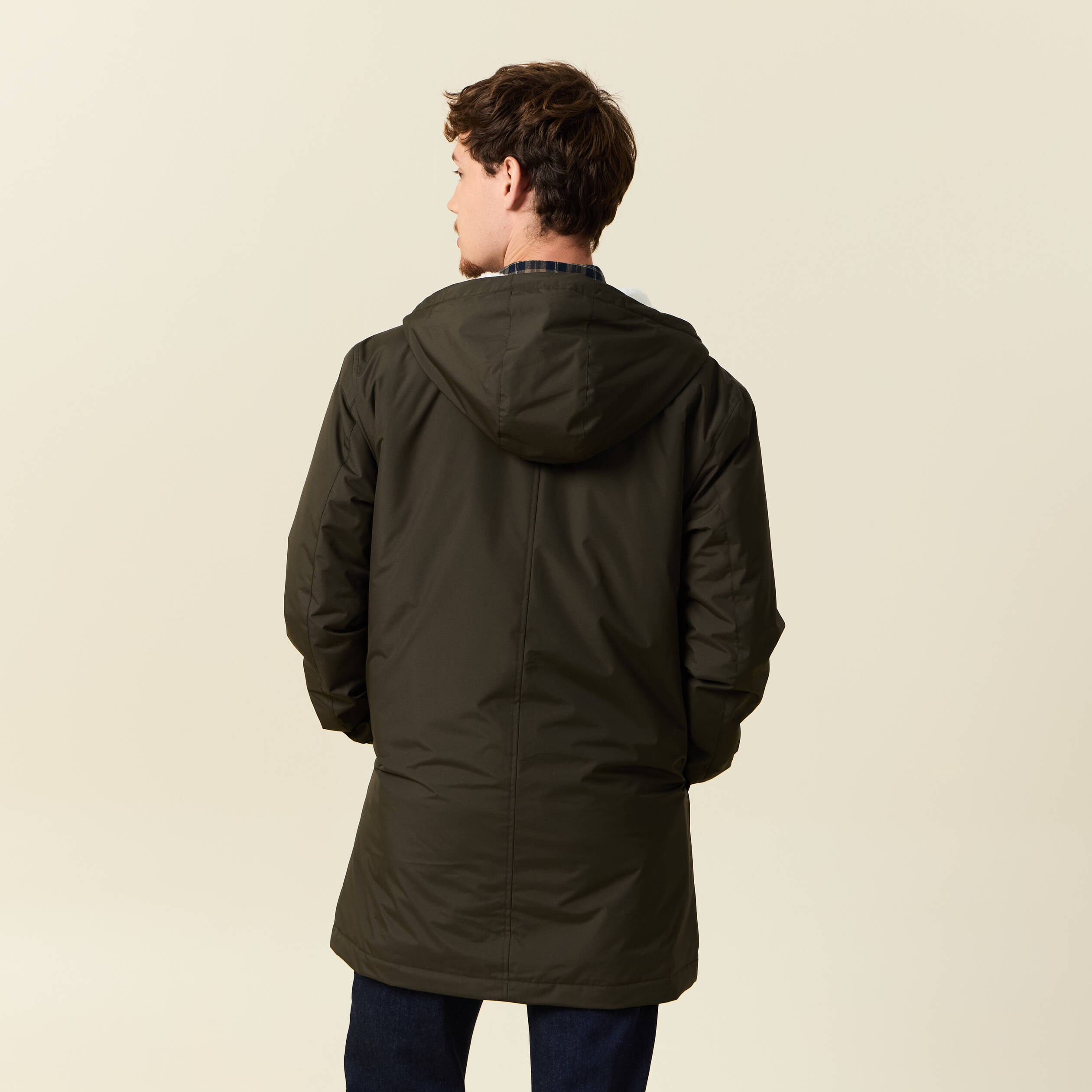 Parka longue droite &agrave; capuche vert kaki homme