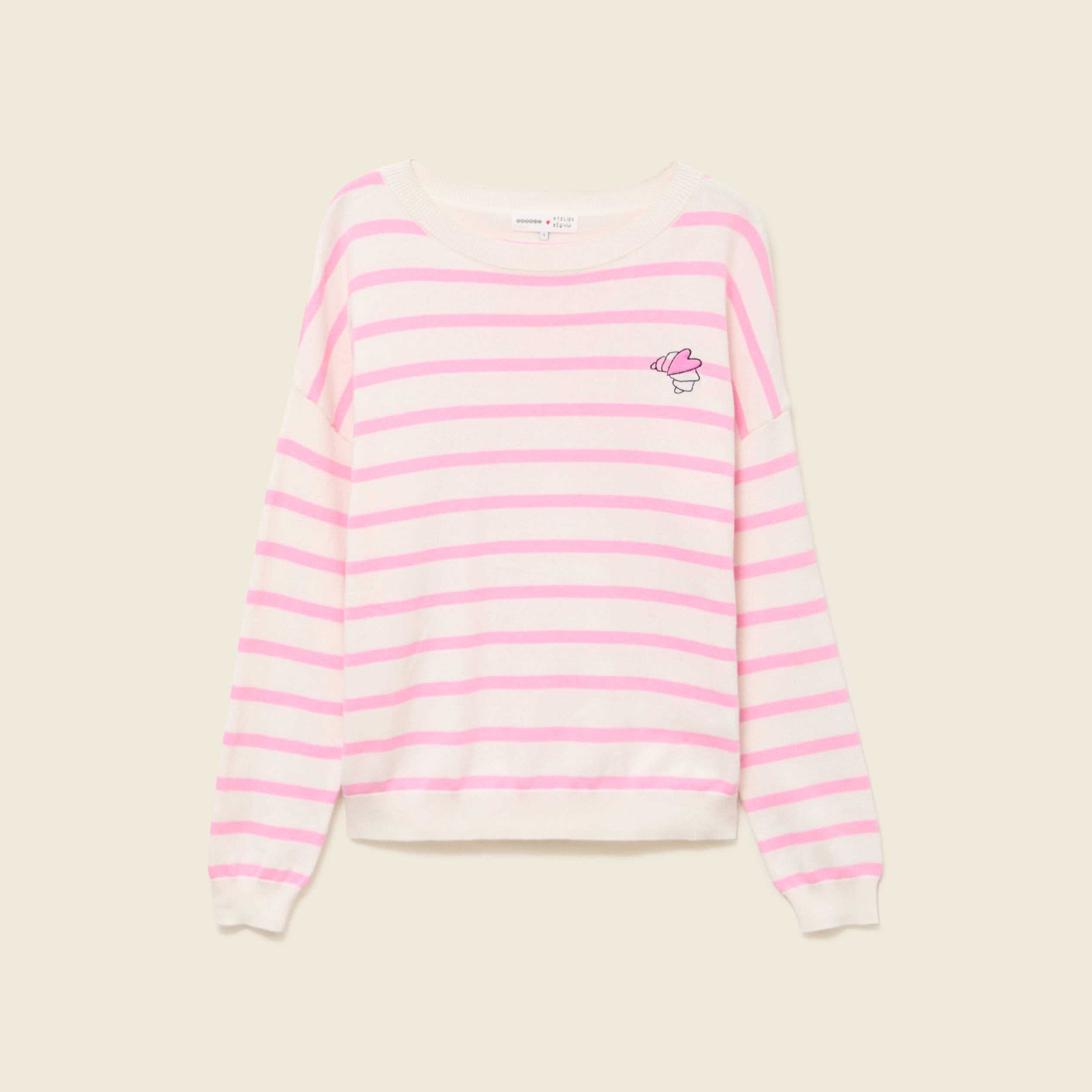 Pull col rond manches longues broderie rose clair femme
