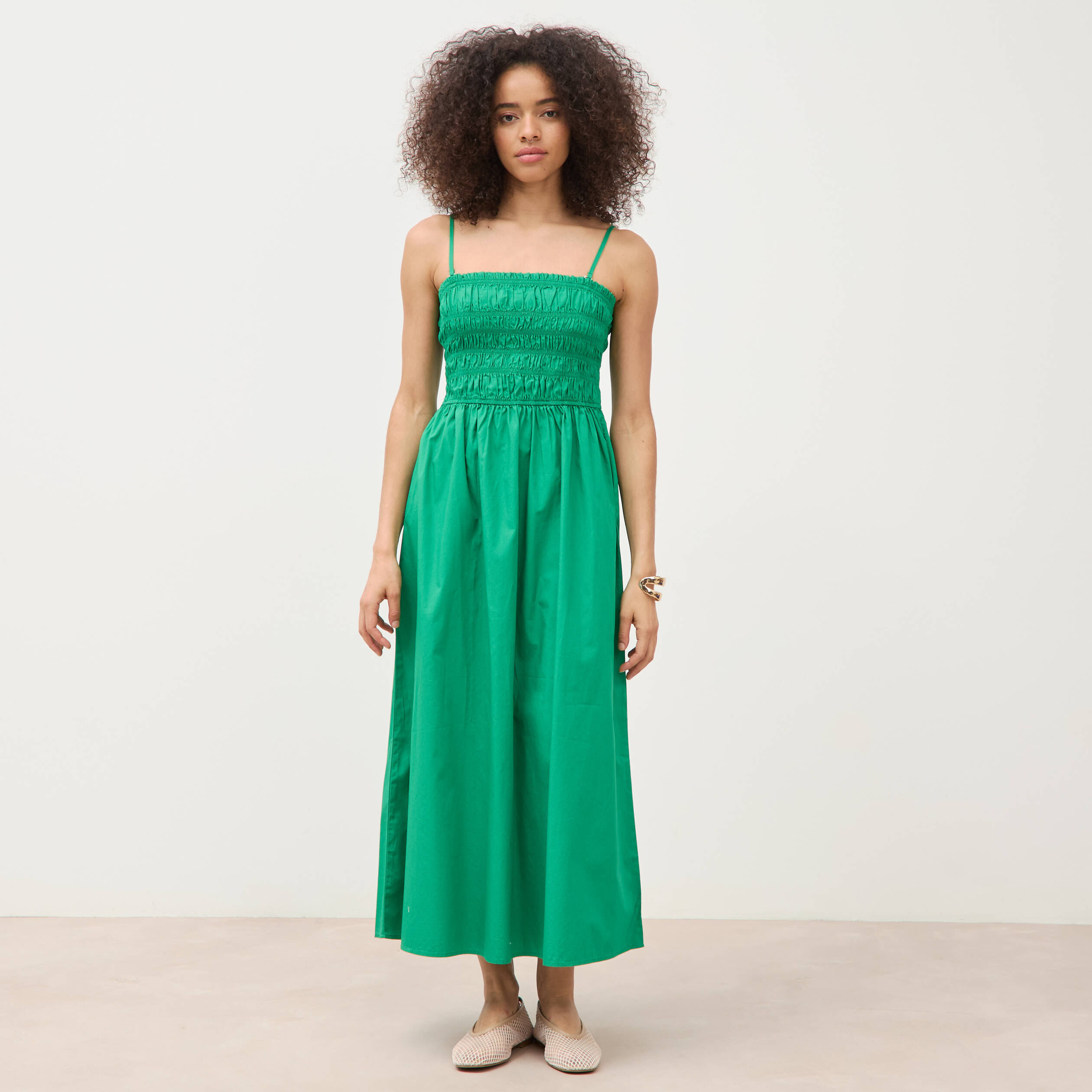 Robe bretelles col carr&eacute; en coton vert femme