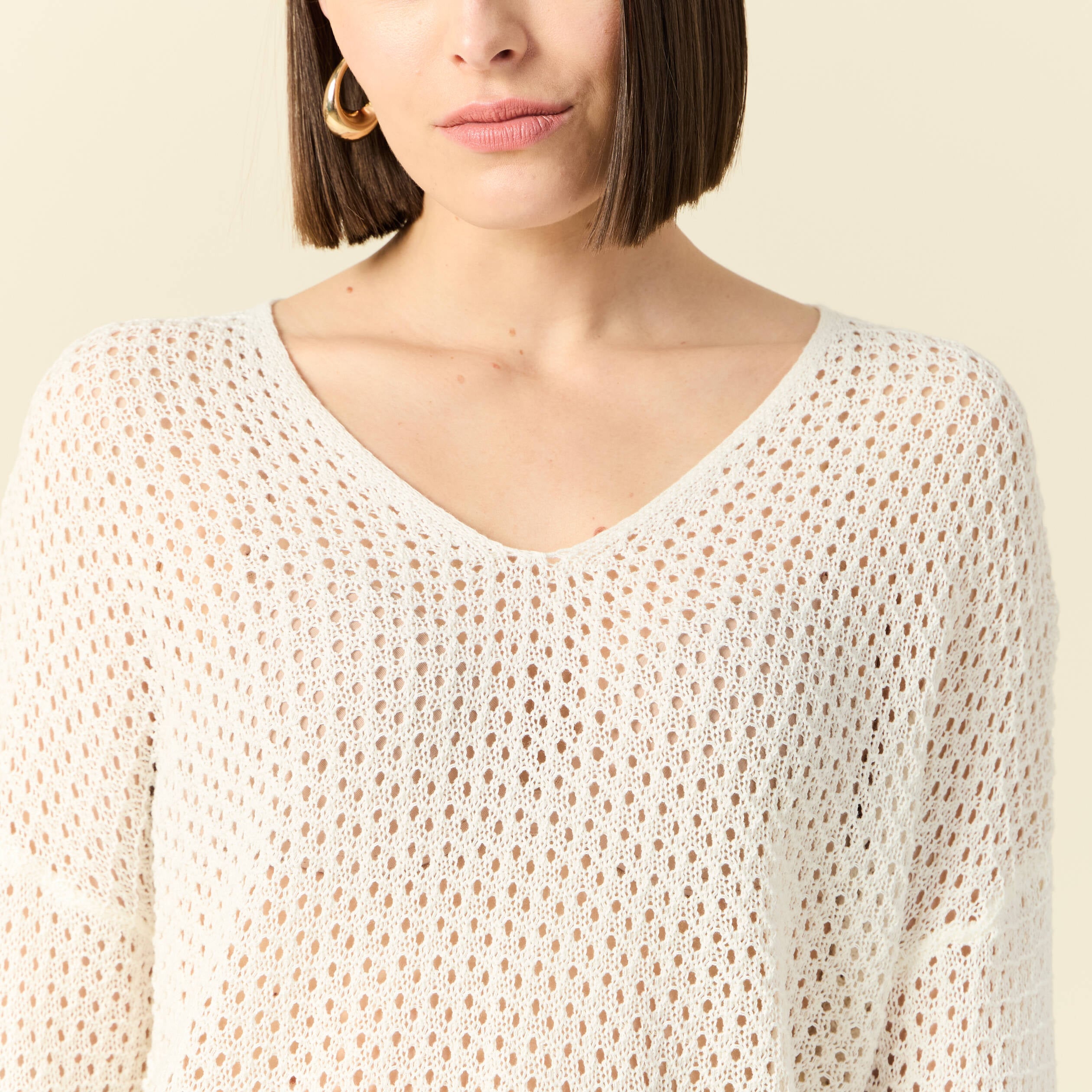 Pull ajour&eacute; col v manches 3/4 ecru femme