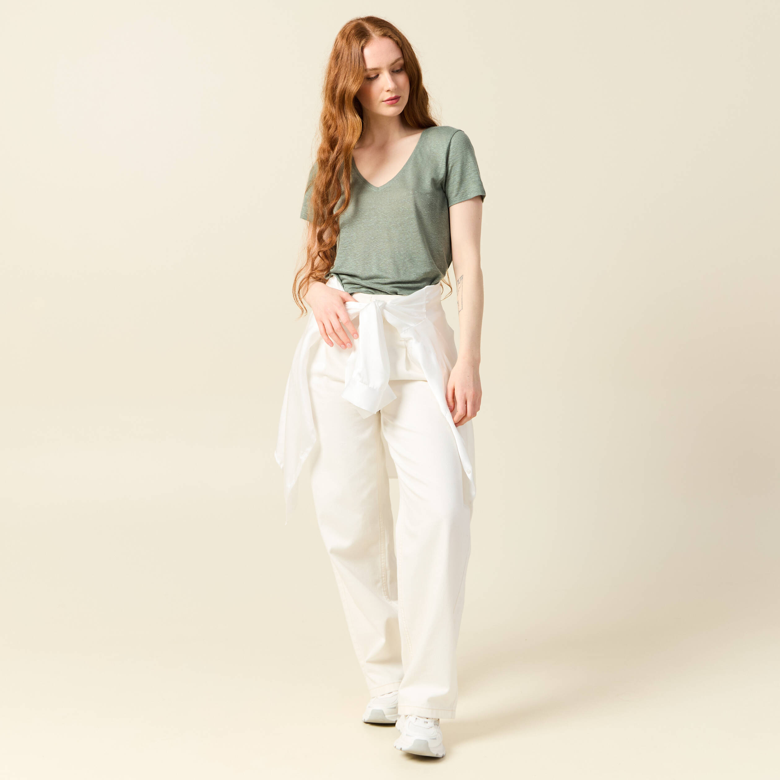 t shirt en lin vert kaki femme T-shirt en lin vert kaki femme