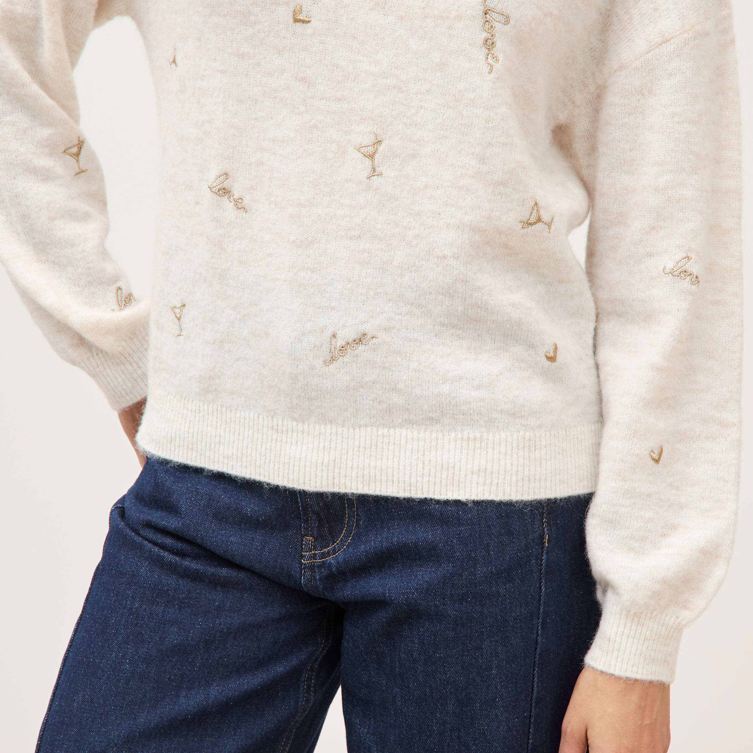 Pull droit brod&eacute; manches longues creme femme