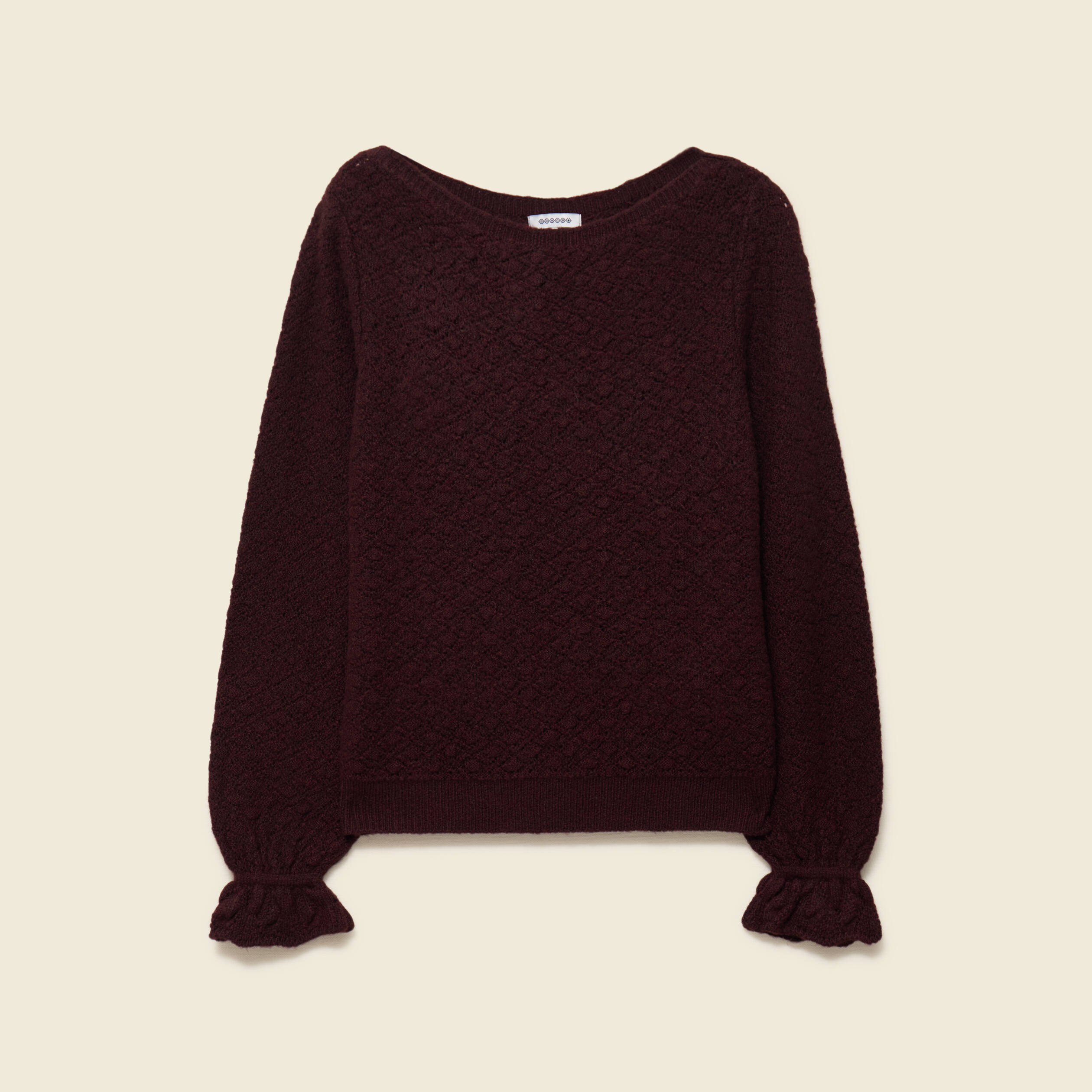 Pull ajour&eacute; col bateau manches longues prune femme