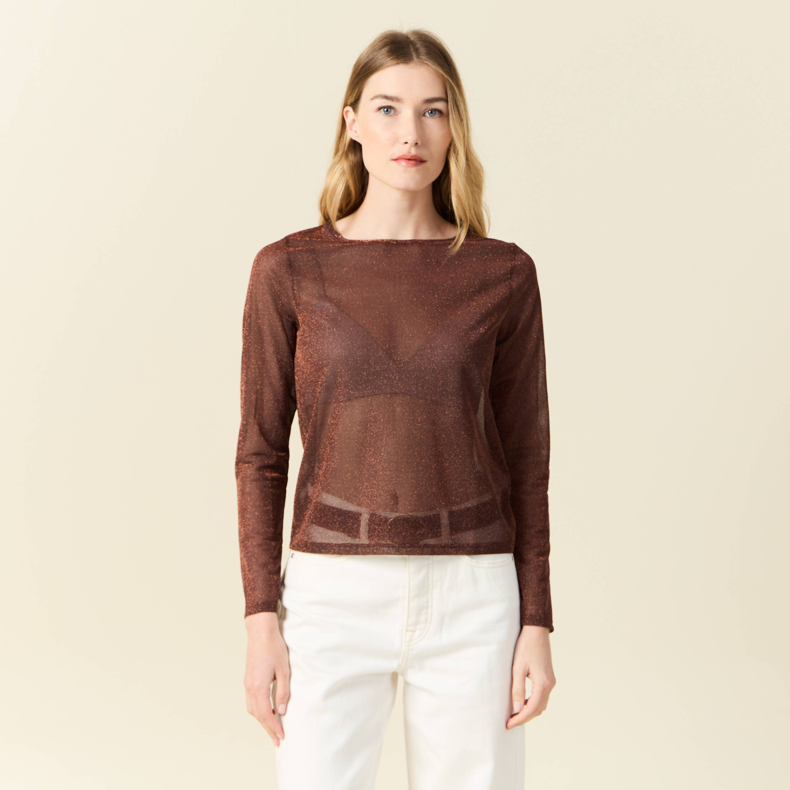 t shirt manches longues marron cognac femme T-shirt manches longues marron cognac femme
