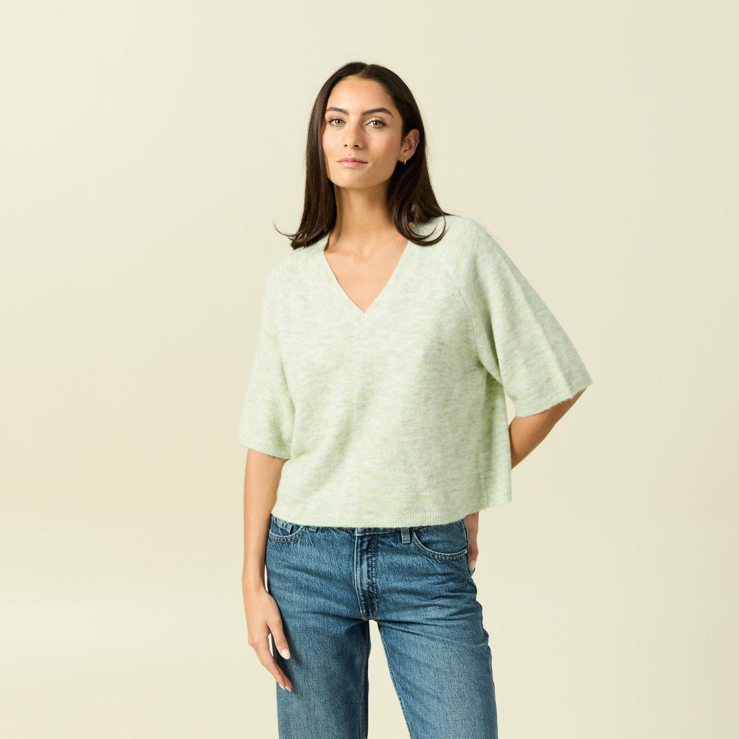 Pull col v manches 3/4 vert femme