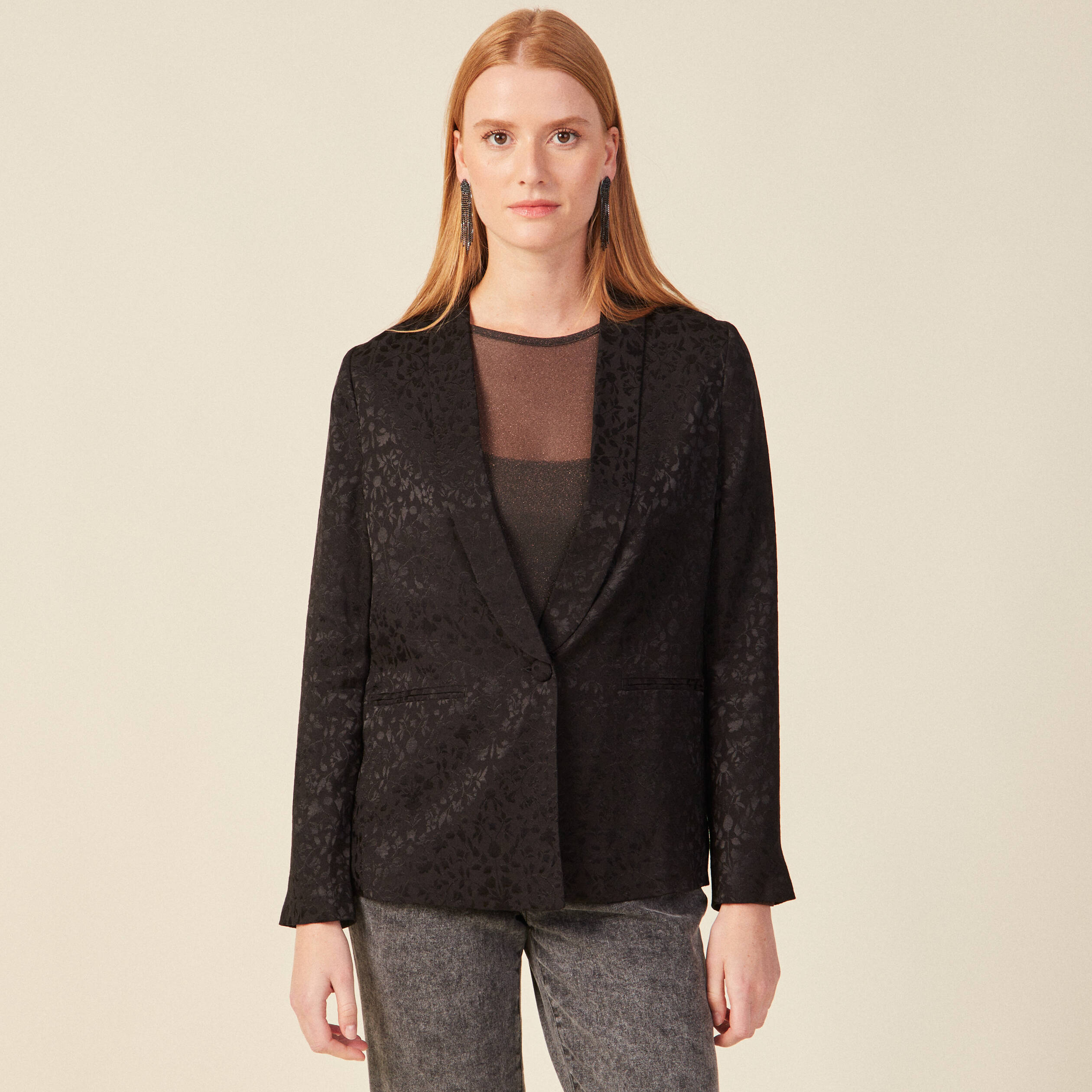 veste blazer droite satin noir femme Veste blazer droite satin noir femme