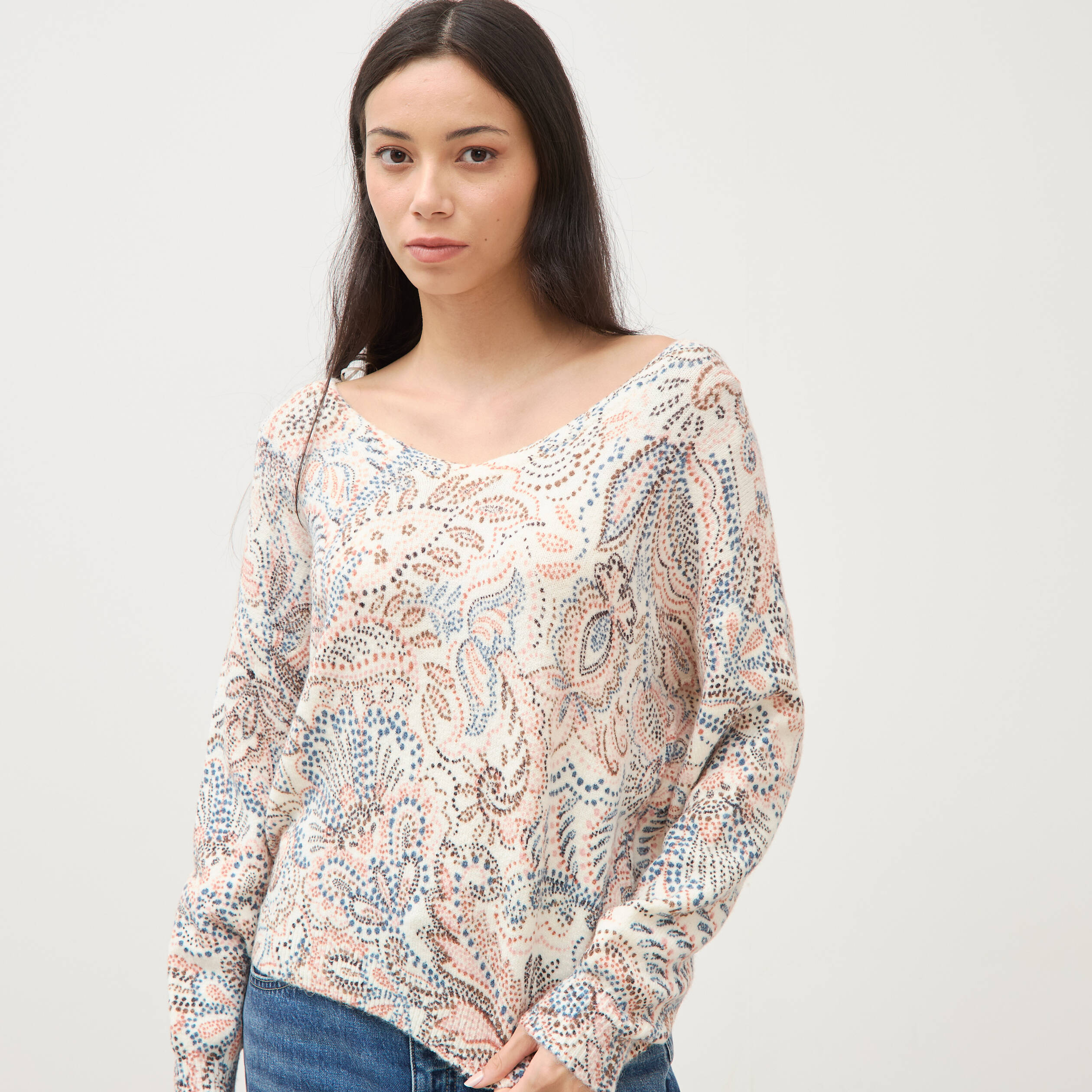 Pull col bateau manches longues ecru femme