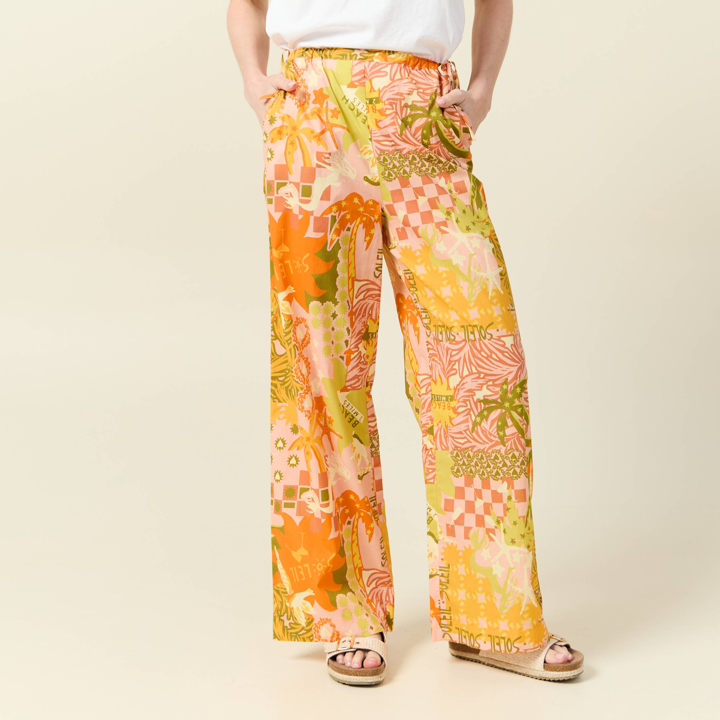 pantalon large taille haute en coton orange corail femme Pantalon large taille haute en coton orange corail femme