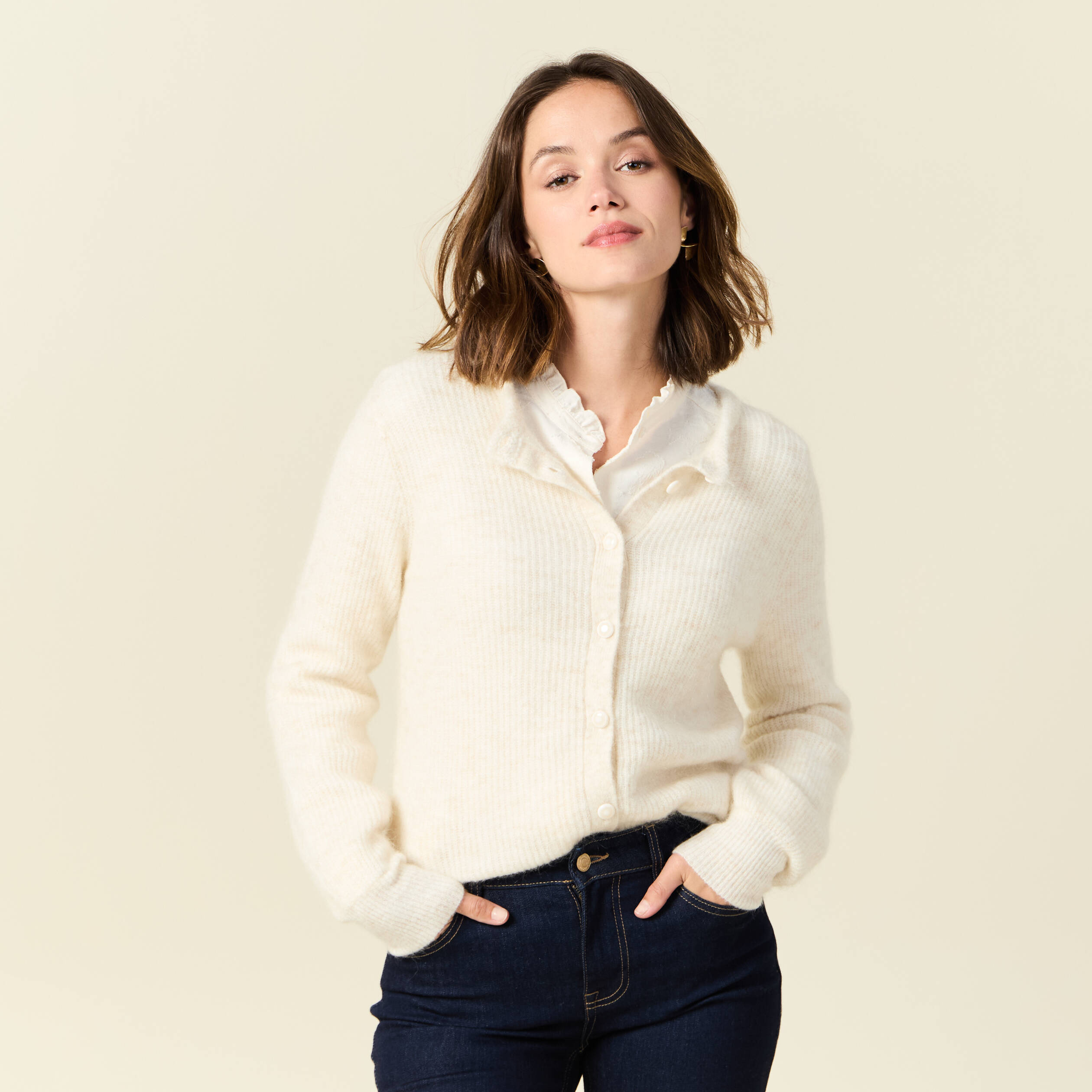 gilet manches longues creme femme Gilet manches longues creme femme
