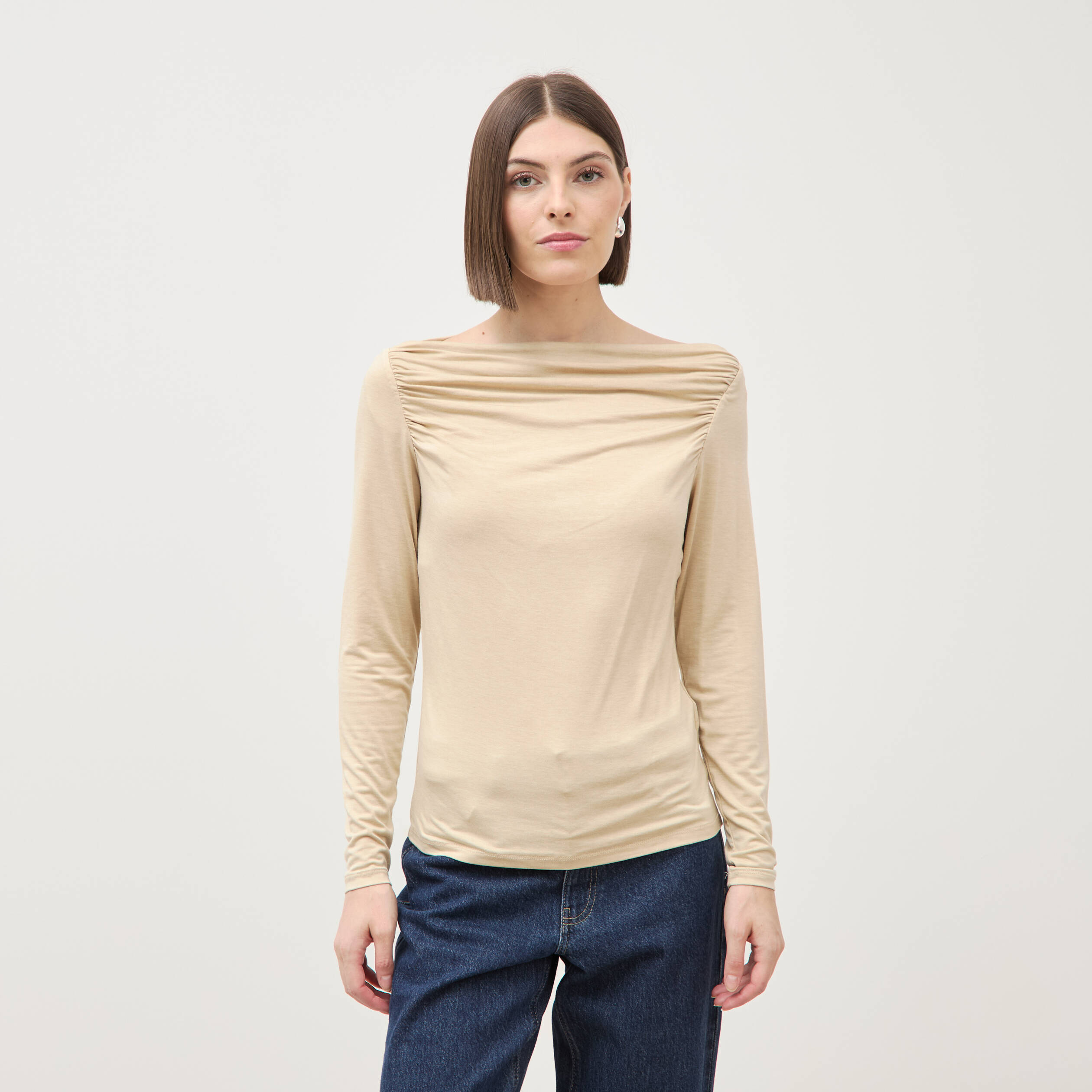 T-shirt ajust&eacute; manches longues bardot beige femme