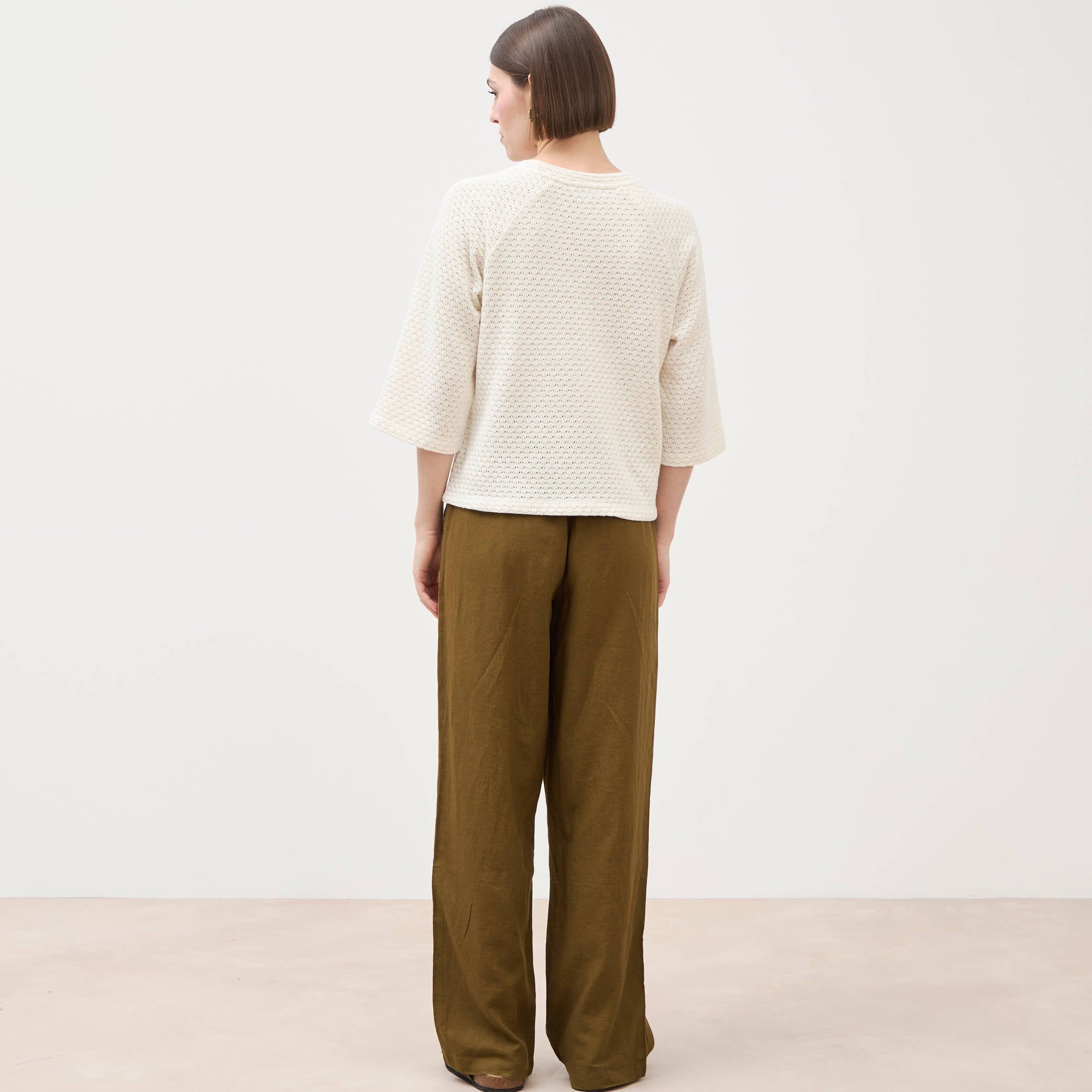 Sweat col rond manches 3/4 brillant ecru femme