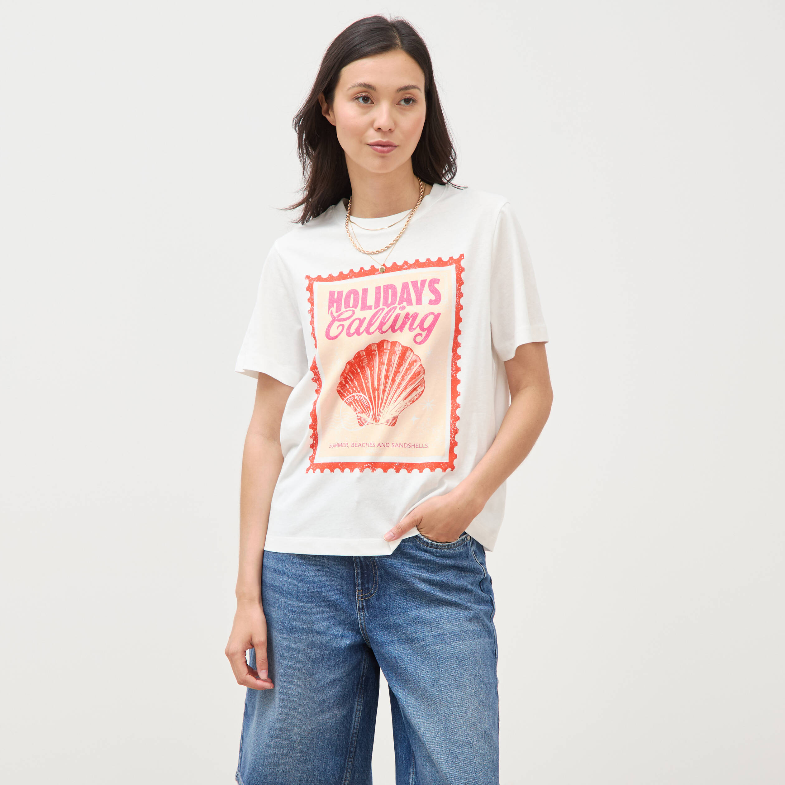 T-shirt droit en coton manches courtes ecru femme