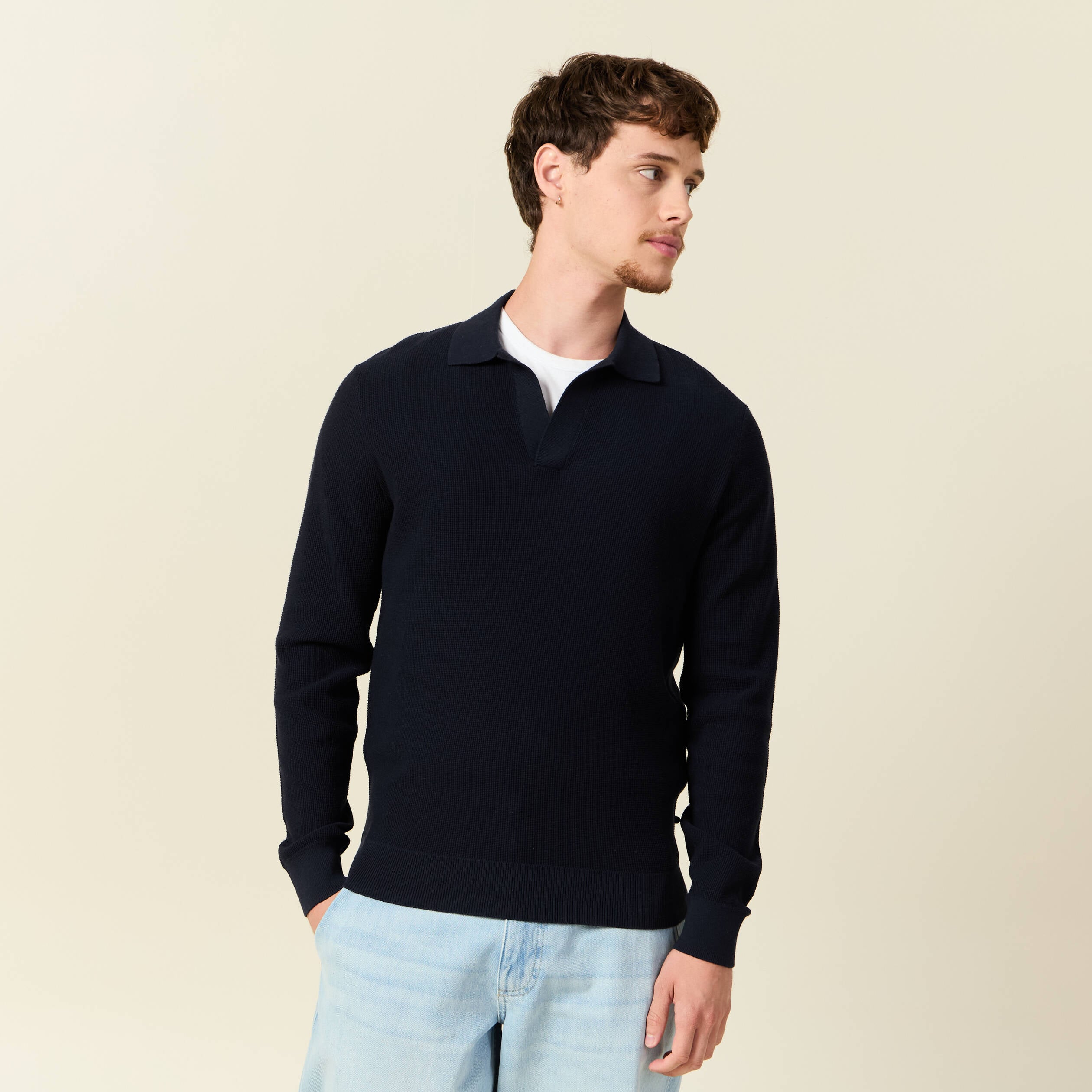 Pull droit col polo manches longues bleu marine homme