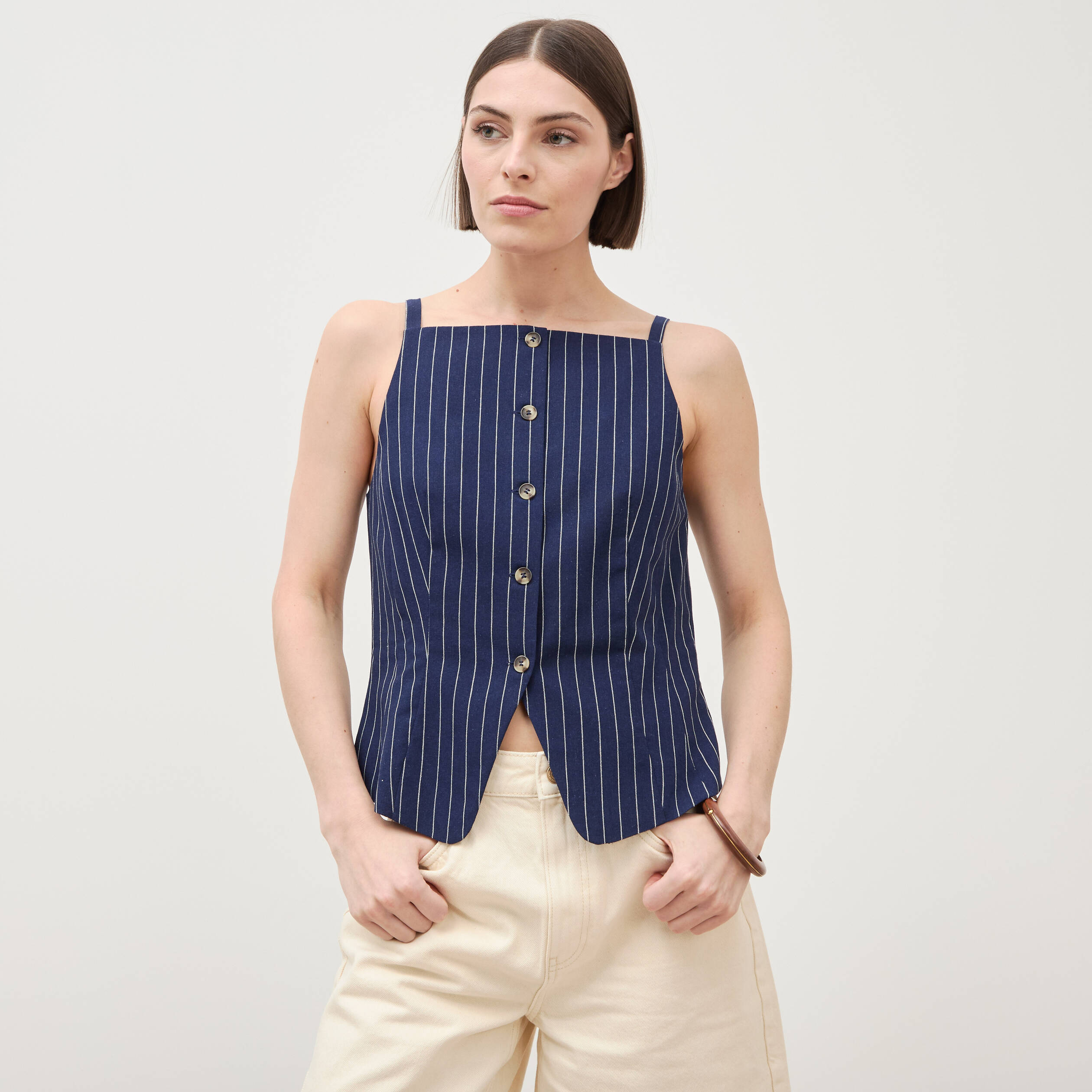 D&eacute;bardeur cintr&eacute; col carr&eacute; &agrave; bretelles bleu femme