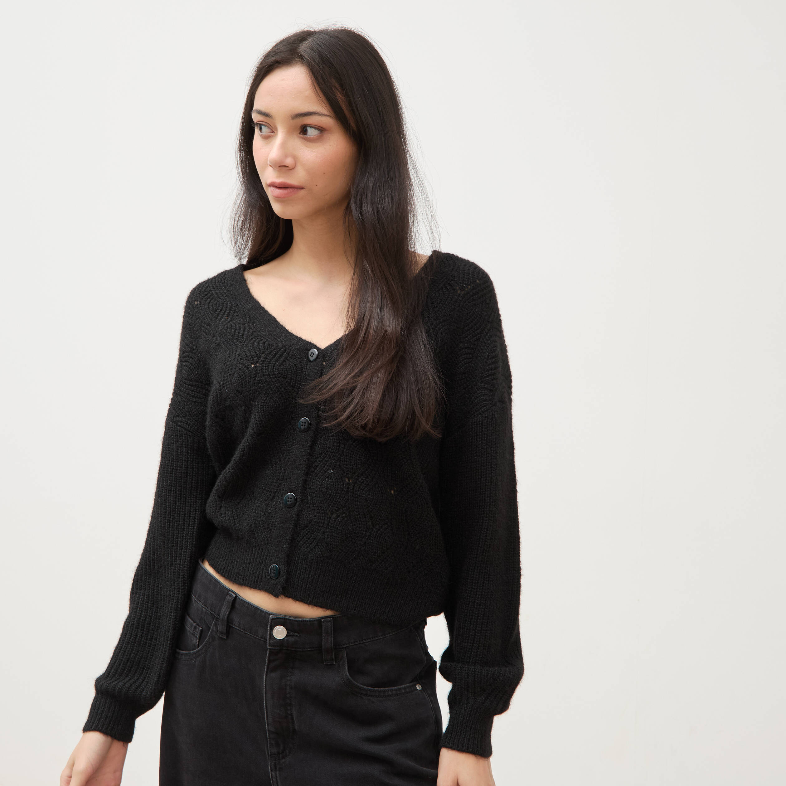 Gilet manches longues col v noir femme