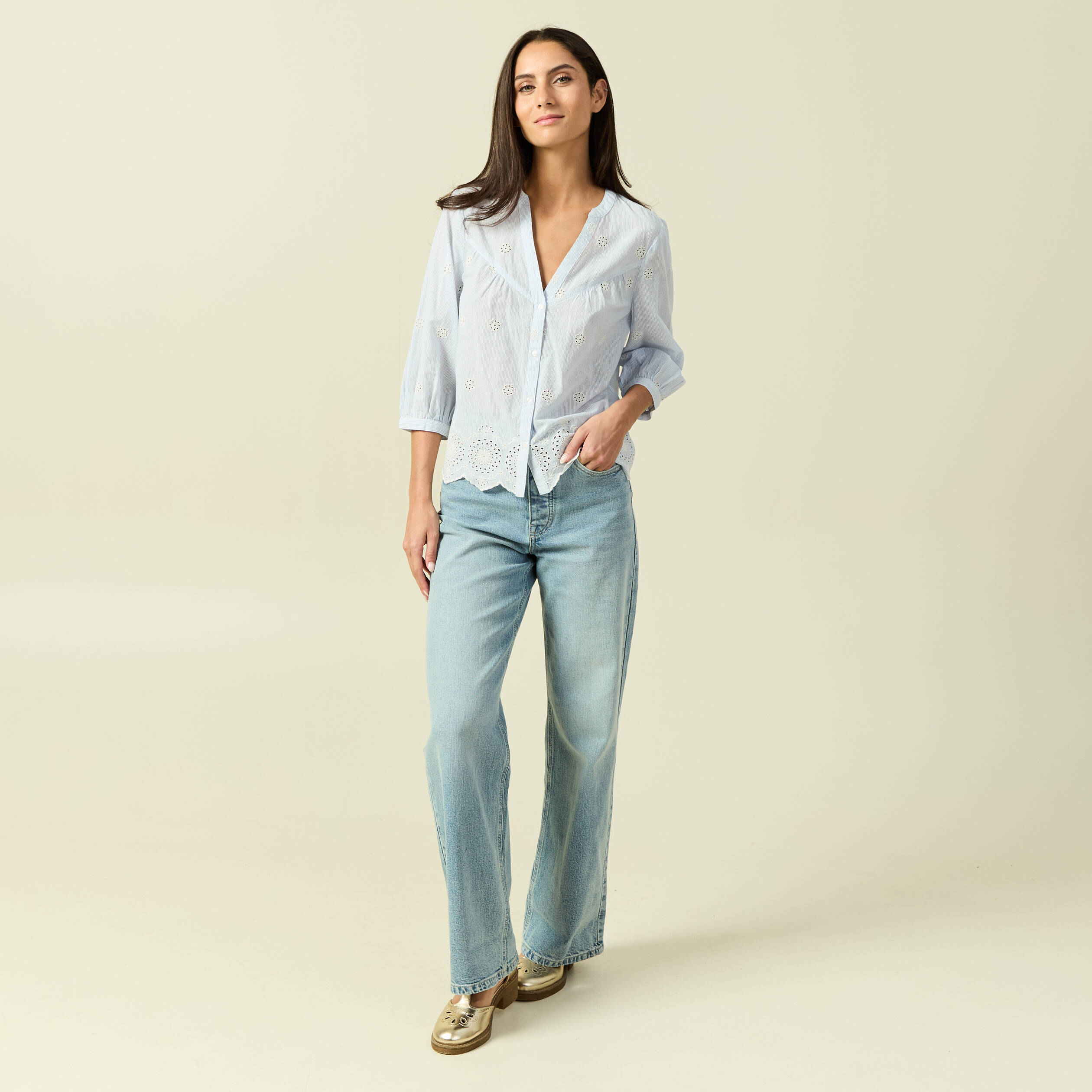 Chemise col tunisien manches 3/4 blanc femme
